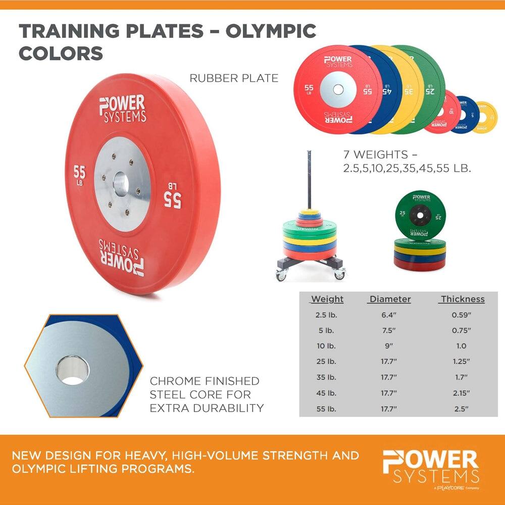 TRAINING PLATES - OLYMPIC COLORS

RUBBER PLATE

POWER SYSTEMS

55 LB

7 WEIGHTS - 2.5, 5, 10, 25, 35, 45, 55 LB

CHROME FINISHED STEEL CORE FOR EXTRA DURABILITY

NEW DESIGN FOR HEAVY, HIGH-VOLUME STRENGTH AND OLYMPIC LIFTING PROGRAMS

Weight | Diameter | Thickness
--- | --- | ---
2.5 lb. | 6.4" | 0.59"
5 lb. | 7.5" | 0.75"
10 lb. | 9" | 1.0"
25 lb. | 17.7" | 1.25"
35 lb. | 17.7" | 1.7"
45 lb. | 17.7" | 2.15"
55 lb. | 17.7" | 2.5"