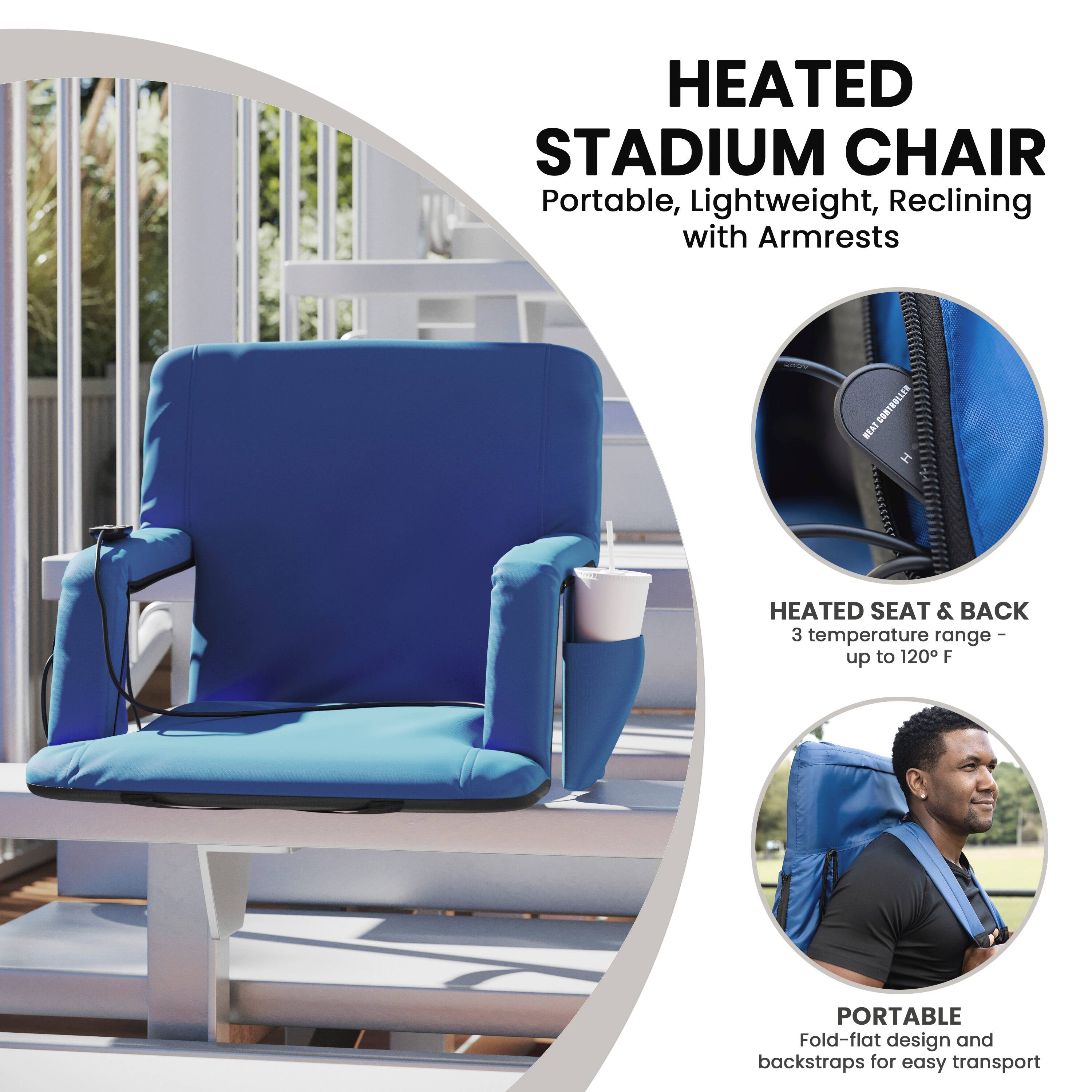 HEATED STADIUM CHAIR  
Portable, Lightweight, Reclining with Armrests  

HEATED SEAT & BACK  
3 temperature range - up to 120°F  

PORTABLE  
Fold-flat design and backstraps for easy transport