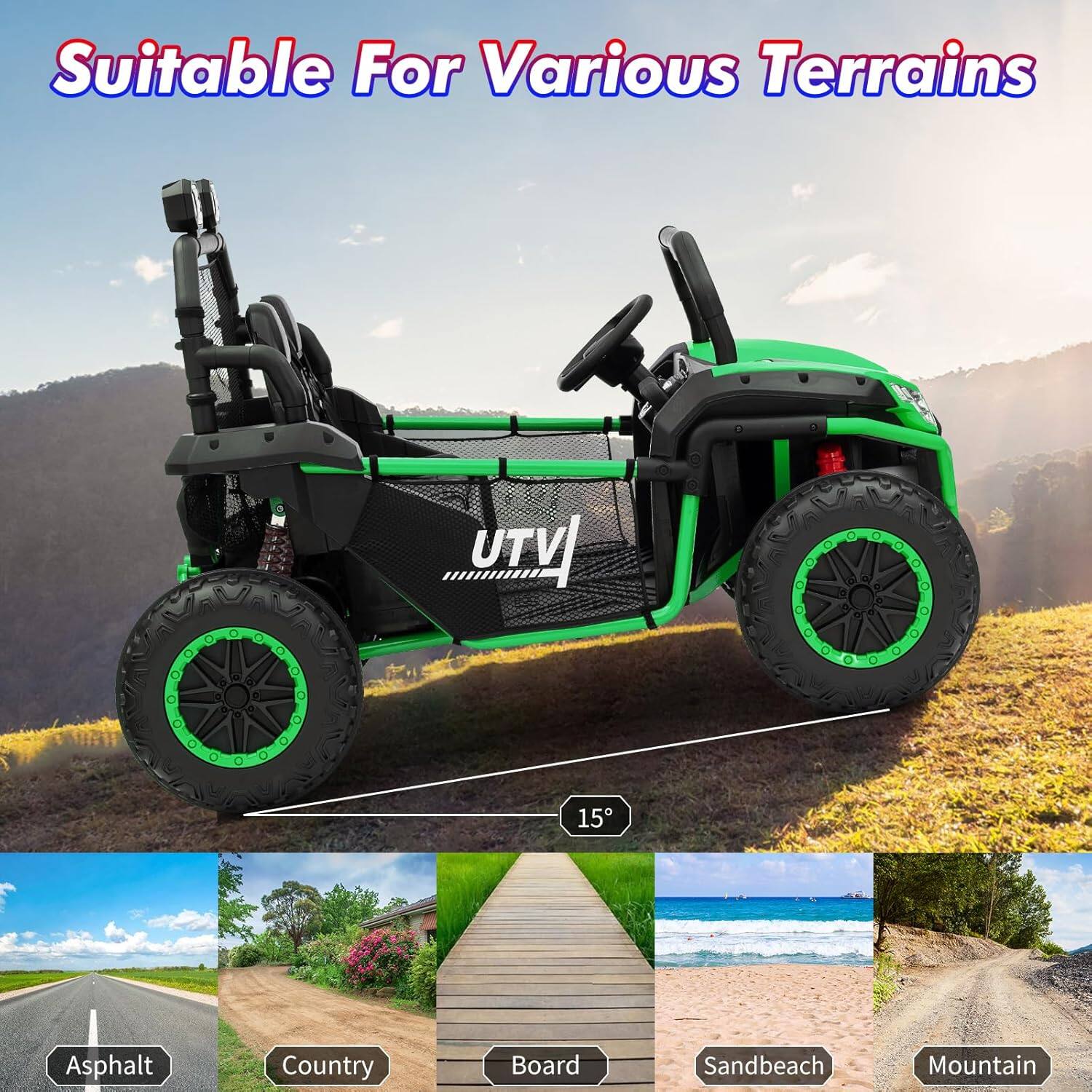 Suitable For Various Terrains

15°

Asphalt  
Country  
Board  
Sandbeach  
Mountain