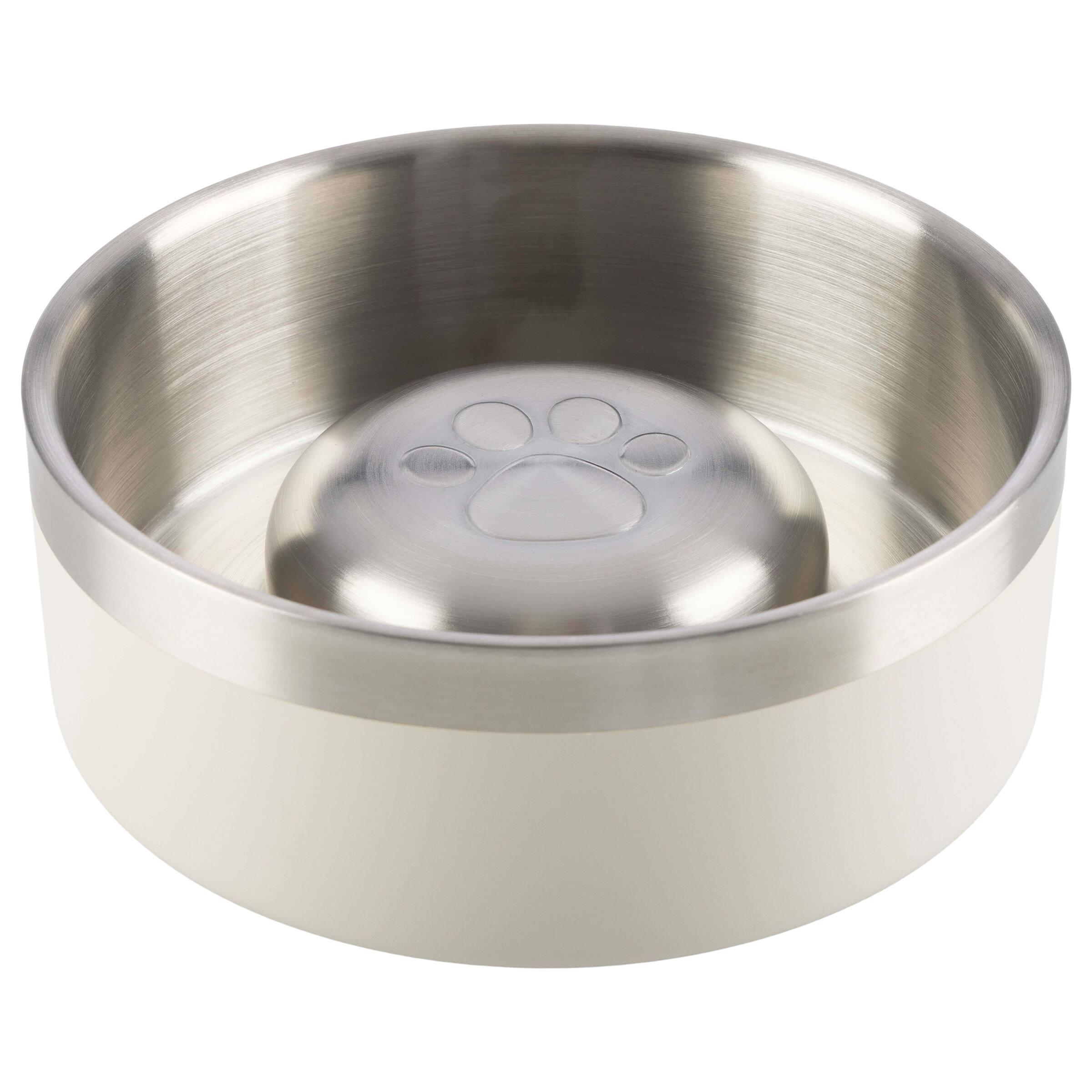Angle. PetMaker - Set of Two 30oz Stainless Steel Slow Feeder Dog Bowls - Silver/Cream.