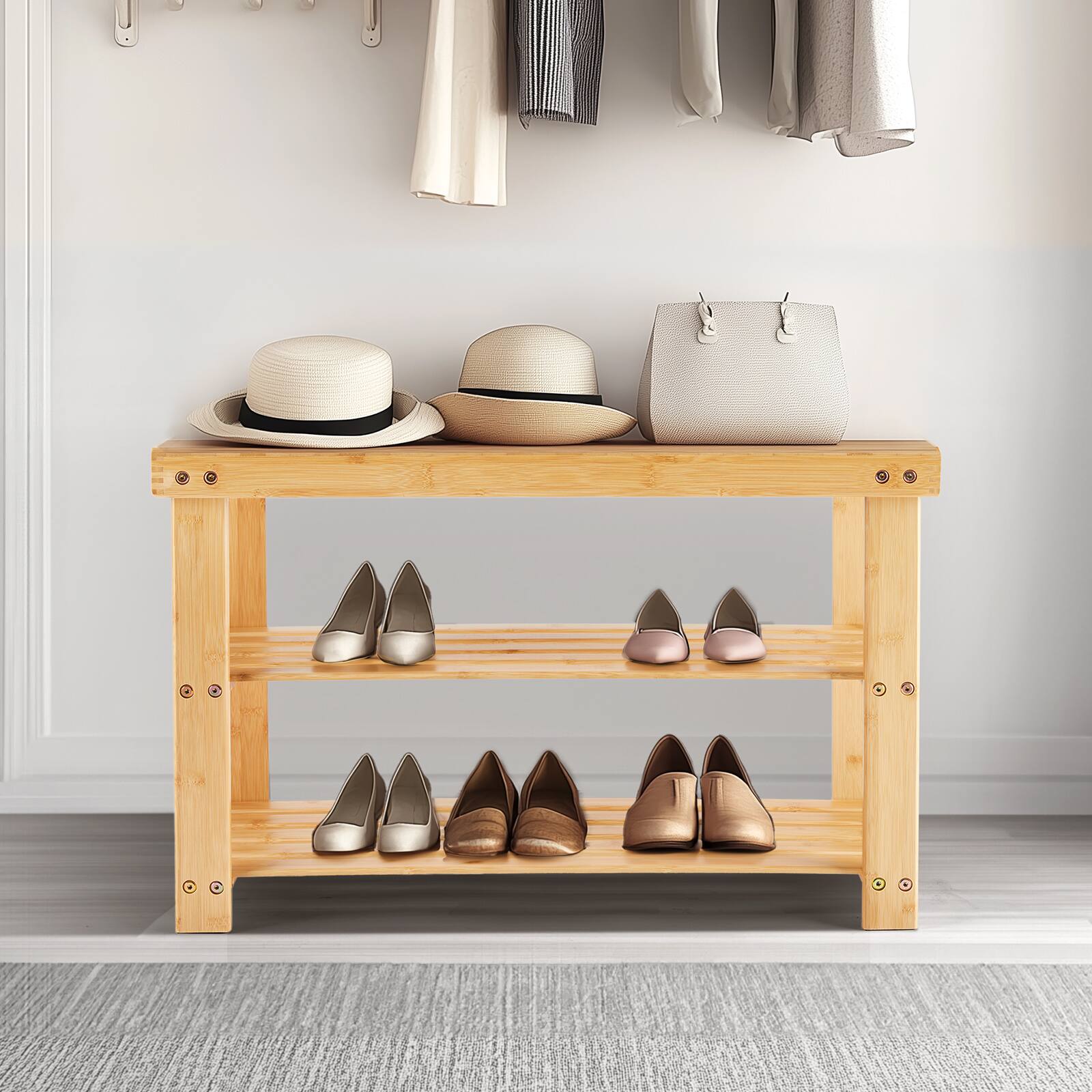 Alt View 1. Bestier - 3-Tier Bamboo Shoe Rack Bench, Compact Storage Organizer, 286lb Capacity, Suitable for Entryway Bedroom Living Room - Wood.