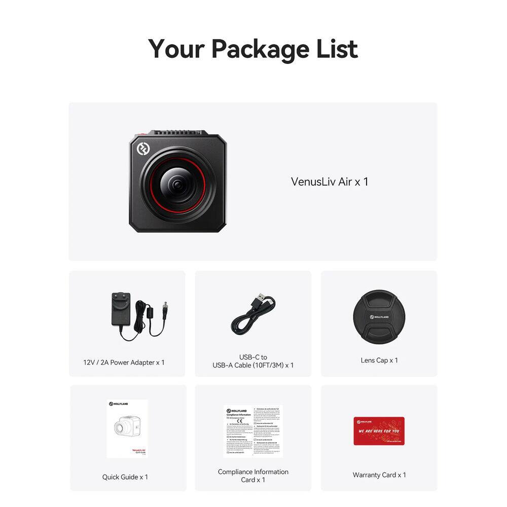 Your Package List

- VenusLiv Air x 1
- 12V / 2A Power Adapter x 1
- USB-C to USB-A Cable (10FT/3M) x 1
- Lens Cap x 1
- Quick Guide x 1
- Compliance Information Card x 1
- Warranty Card x 1