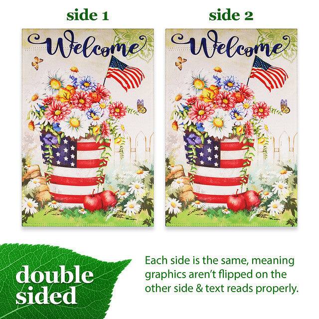 side 1 side 2 Welcome Welcome double sided Each side is the same, meaning graphics aren't flipped on the other side & text reads properly.