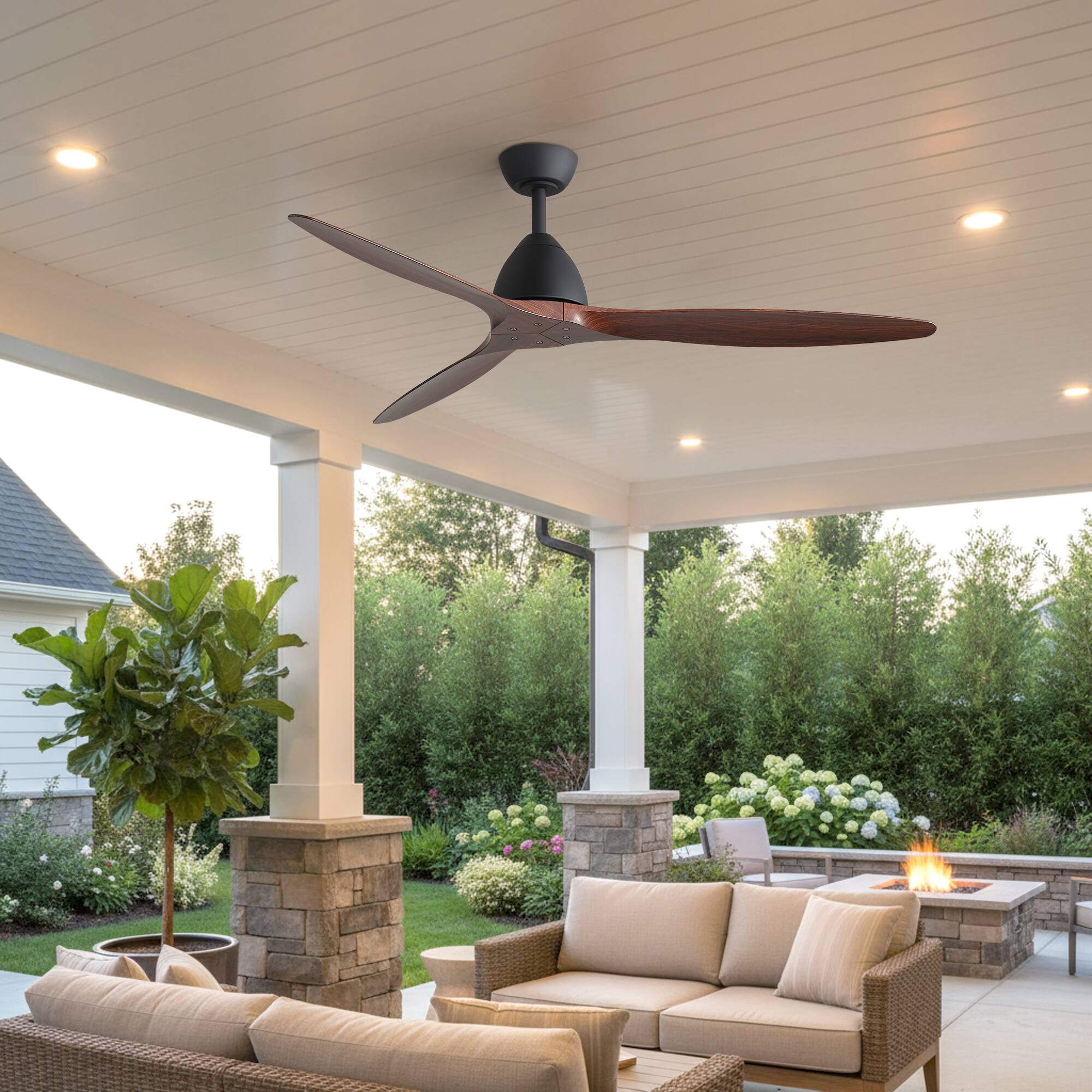 Left. Breezary - 56-Inch Modern Ceiling Fan with 3 Reversible ABS Blades, 6-Speed Quiet DC Motor, Timer, 6" Downrod Mount - Black and Double-sided wood-grain.