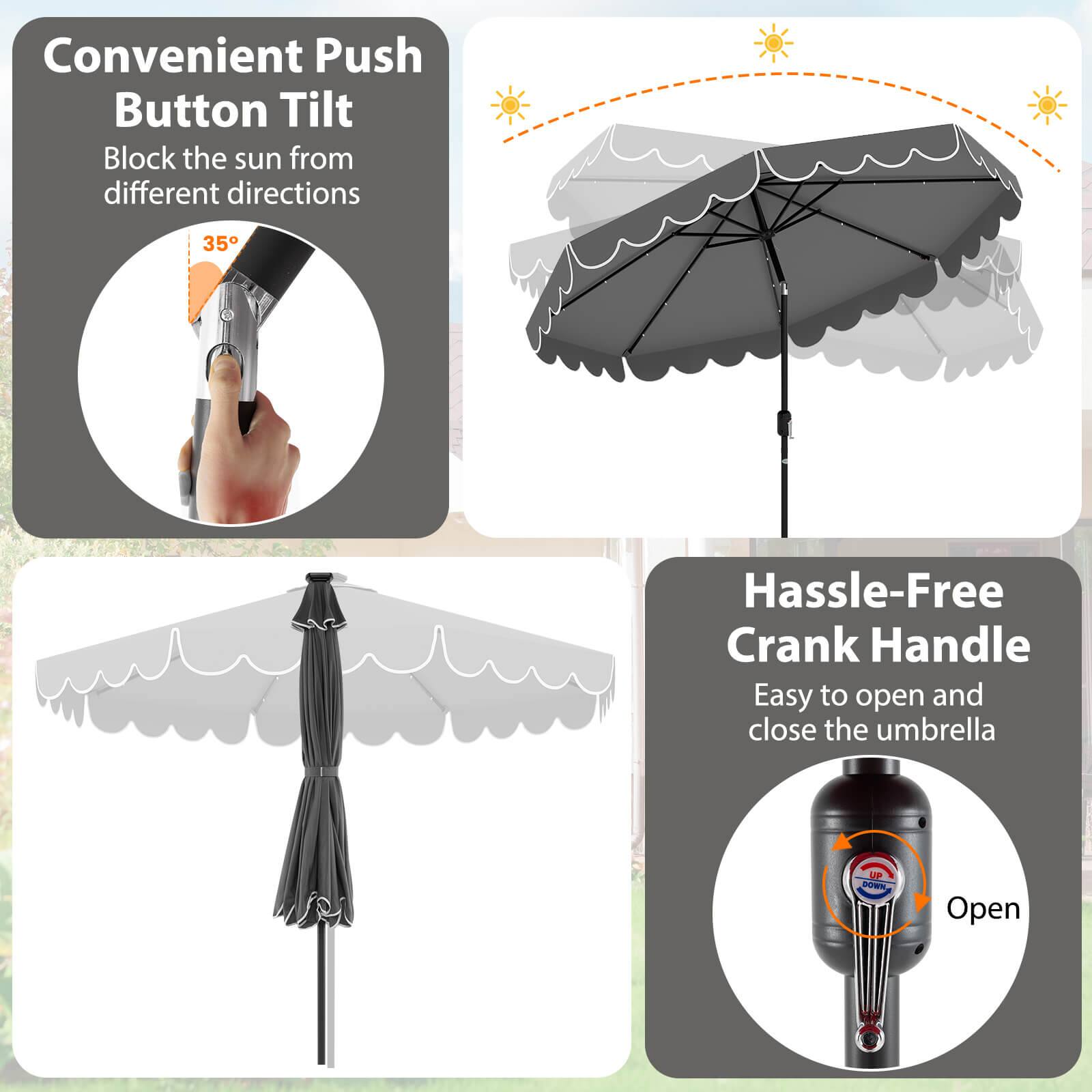 The text on the image can be grouped and corrected as follows:

1. Convenient Push Button Tilt: Block the sun from different directions.
2. Hassle-Free Crank Handle: Easy to open and close the umbrella.
3. UP DON Open: Open the umbrella with ease.
