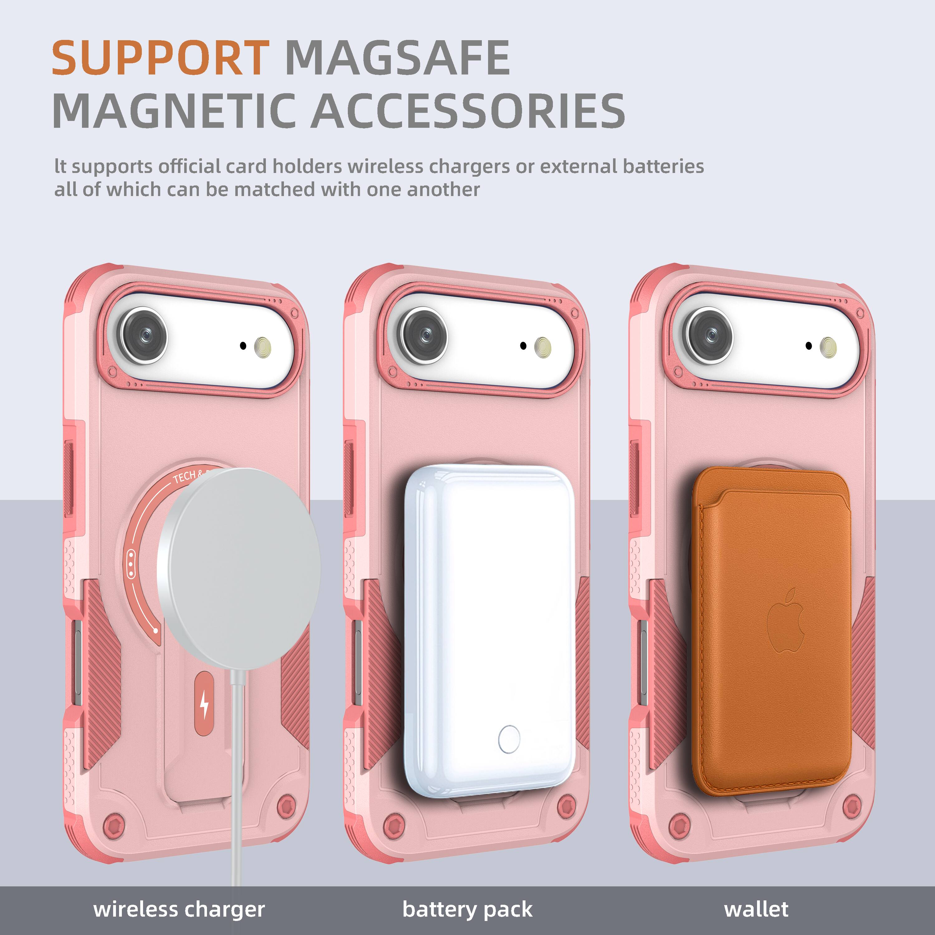 SUPPORT MAGSAFE MAGNETIC ACCESSORIES

It supports official card holders, wireless chargers, or external batteries, all of which can be matched with one another.

wireless charger  
battery pack  
wallet