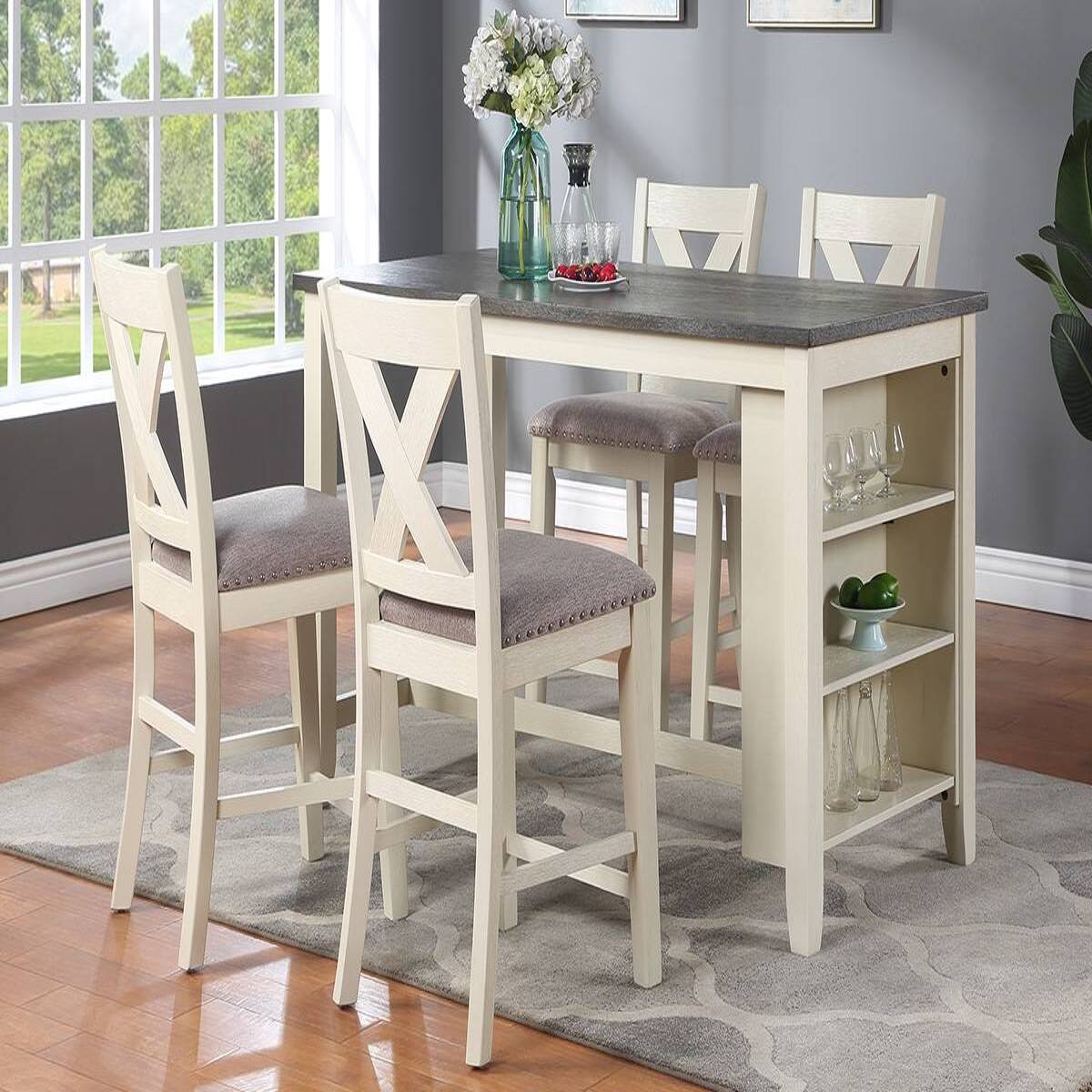 Alt View 3. Loheer - Loheer Counter Height Dining Table with Side Storage Shelves, Off-White Solid Wood, 60 Inches - Off-White.