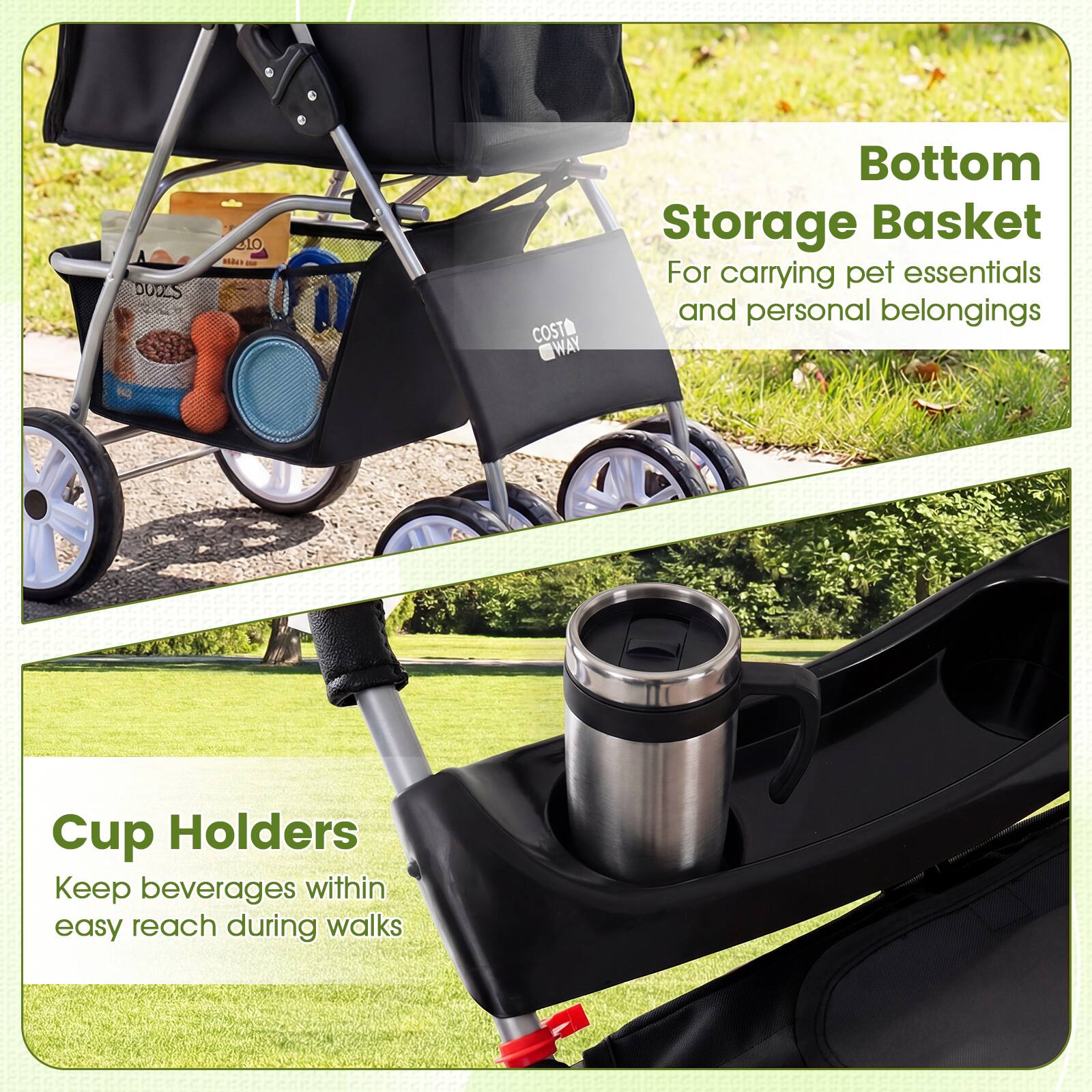 DOILS 10 Md COST WAY Bottom Storage Basket For carrying pet essentials and personal belongings Cup Holders Keep beverages within easy reach during walks
