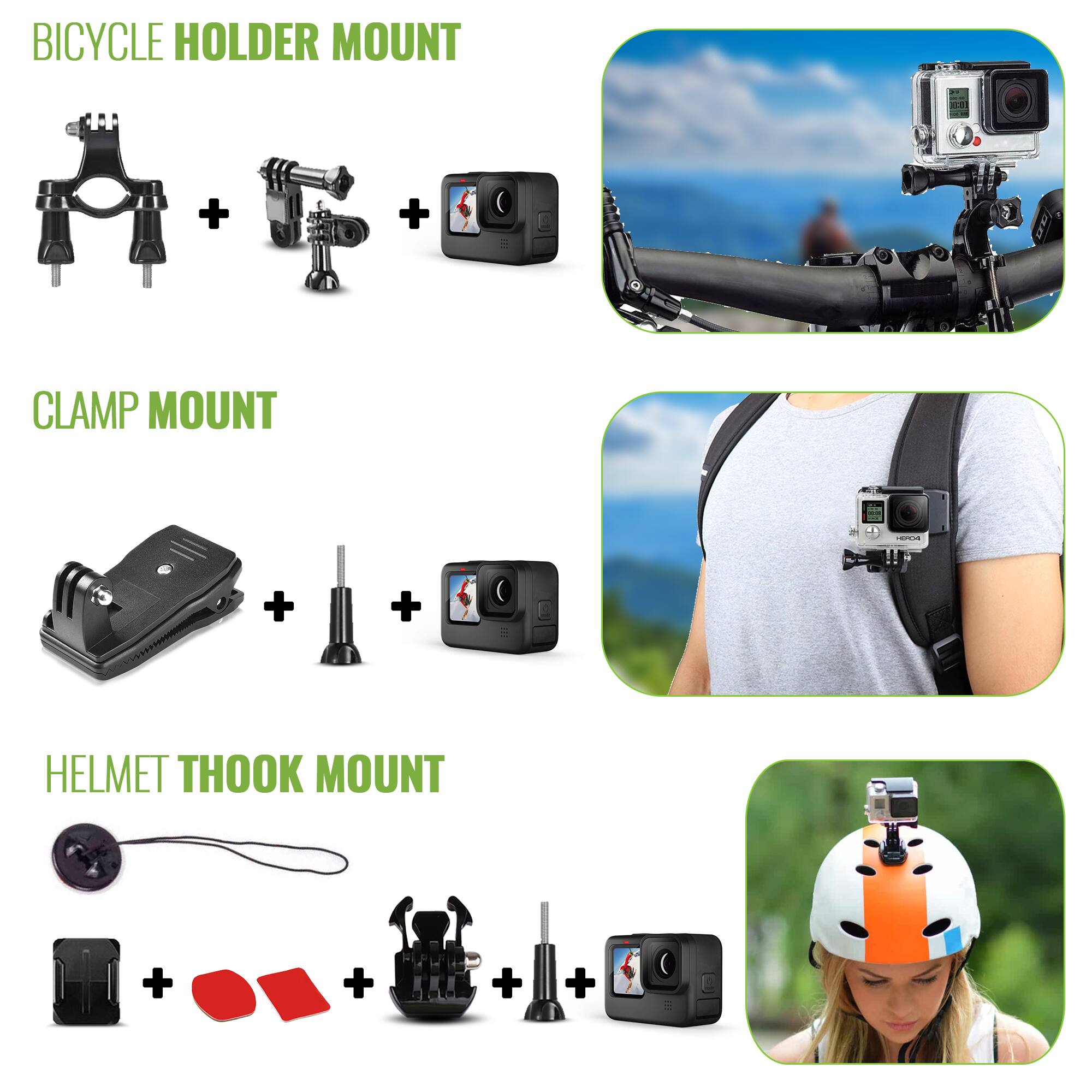 BICYCLE HOLDER MOUNT  
+  
CLAMP MOUNT  
+  
HELMET THOOK MOUNT