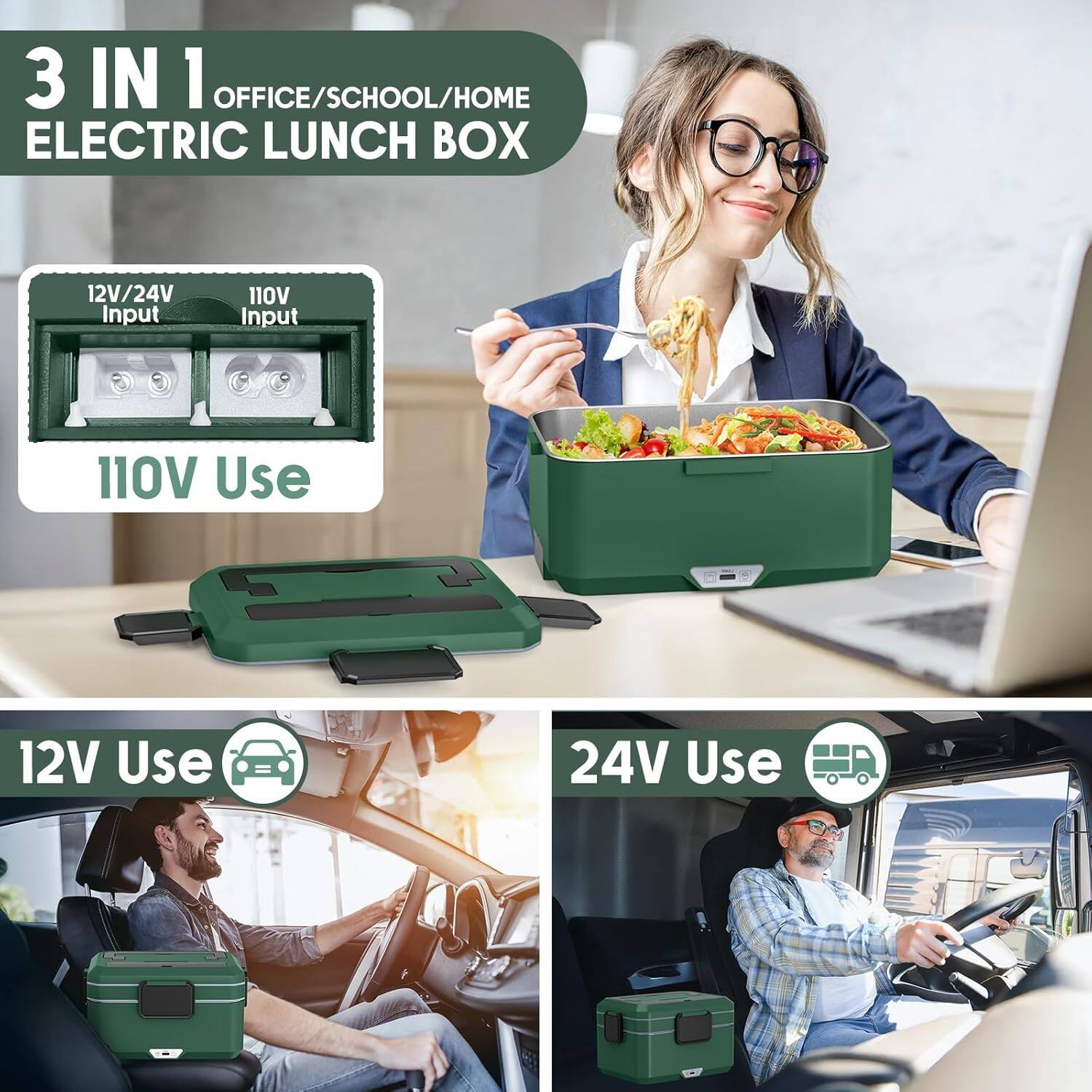 3 IN 1  
OFFICE/SCHOOL/HOME  
ELECTRIC LUNCH BOX  

12V/24V Input  
110V Input  

110V Use  

12V Use  

24V Use