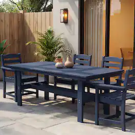 Famapy - HDPE Outdoor Dining Table with Umbrella Hole & Cap-Solid Panel Patio Table for 8 People Weatherproof & Low Maintenance - Navy blue