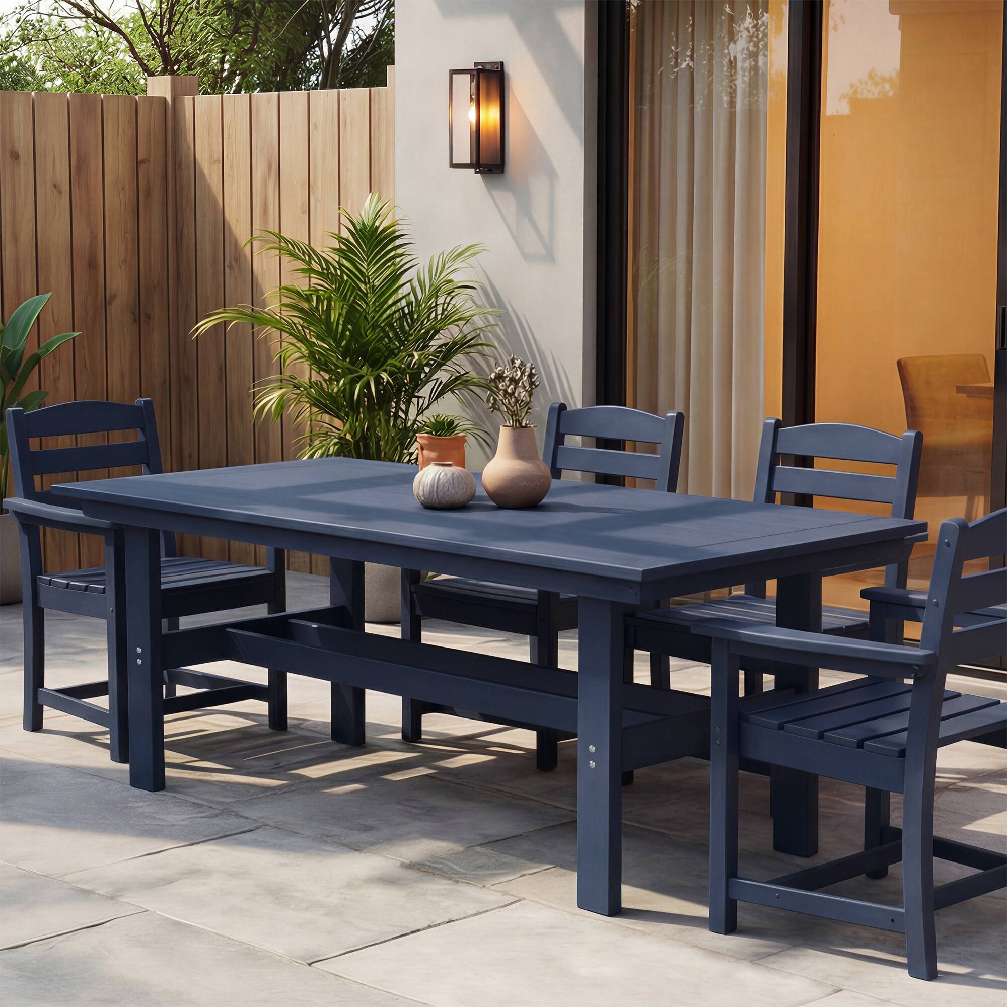Front. Famapy - HDPE Outdoor Dining Table with Umbrella Hole & Cap-Solid Panel Patio Table for 8 People Weatherproof & Low Maintenance - Navy blue.