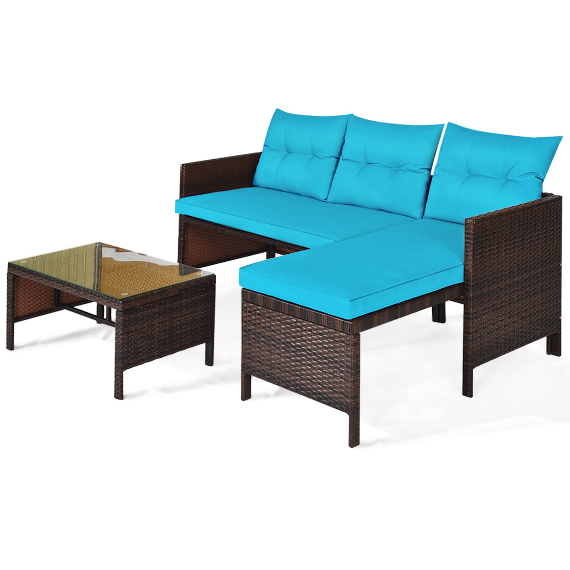 Alt View 1. Gymax - Gymax 3PCS Outdoor Rattan Furniture Set Patio Couch Sofa Set w/ Turquoise Cushion - as pic.