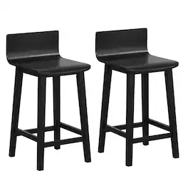 Costway - 24.5" Wood Bar Stools Set of 2 with Solid Back & Seat Mid Century Bar Chairs - Black