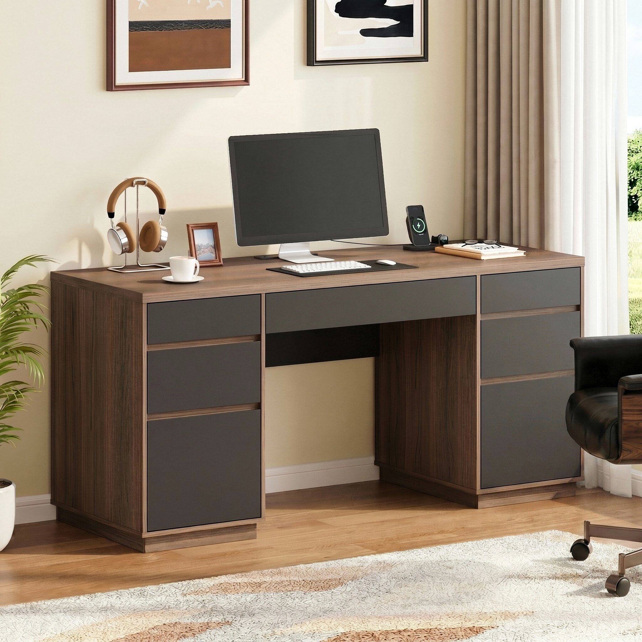 Alt View 6. ModernMate - Executive Desk with 7 Drawers, 63'' Computer Desk with Built-in Power Outlets, Letter/A4 Size, Privacy Panel - Black Walnut.