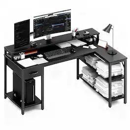 Bestier - Gaming Desk - L-Shape Office Desk with RGB Light, Charging Station, Monitor Riser & Shelves - Black
