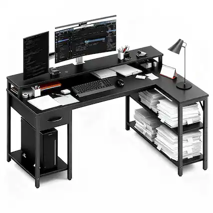 Front. Bestier - Gaming Desk - L-Shape Office Desk with RGB Light, Charging Station, Monitor Riser & Shelves - Black.