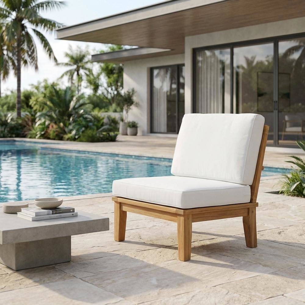 Left. Outdoor Escape - Adirondack Outdoor Teak Sofa With Cushions And Modern Design - White.
