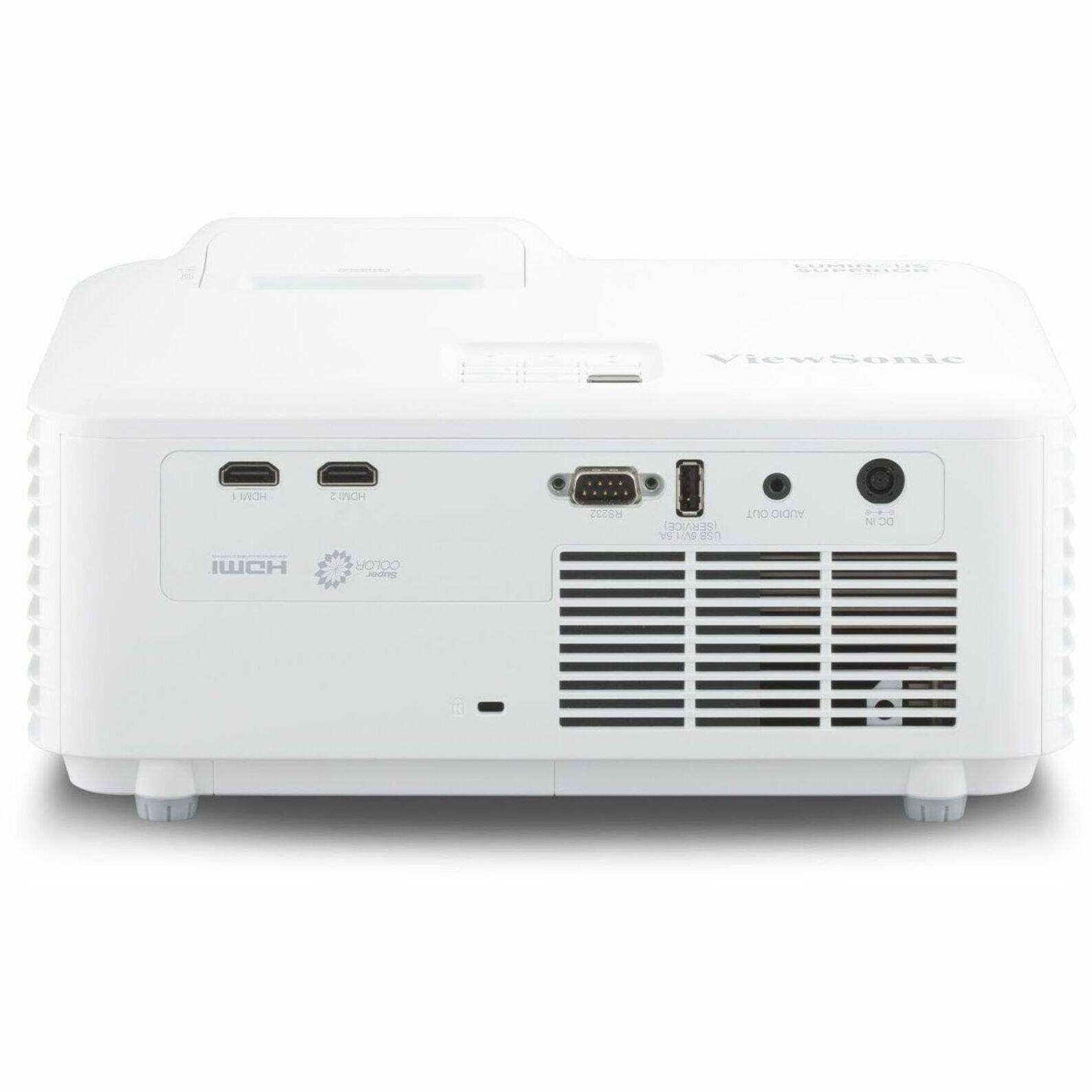 The image features a white Luch projector, which is a type of multimedia projector. It is designed for use with a computer and has a USB port for connecting to a computer. The projector also has an audio jack for connecting external speakers. The device is made by VewSonic and is likely used for presentations or other multimedia purposes.