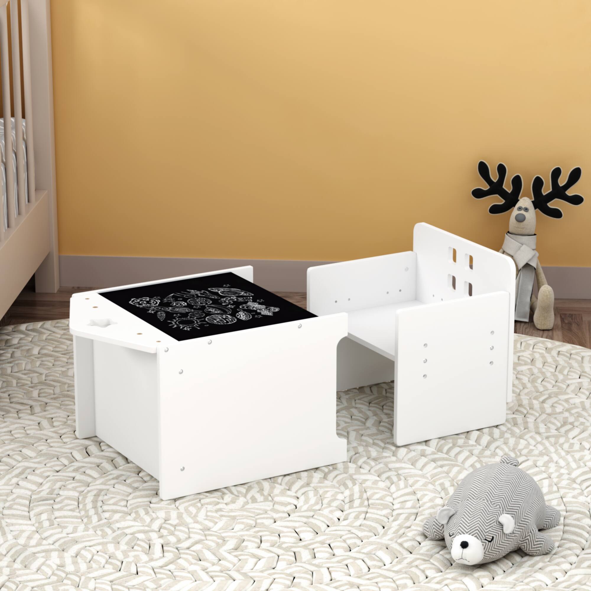 Back. Tiramisubest - Wooden Toddler Table and Chair Set,Kids Activity Table Step Stools with Blackboard & 3 Heights Adjustable - White.