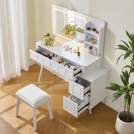 Loheer - Makeup Vanity Desk with LED Mirror, Vanity Table with Stool, Adjustable Length Design - White