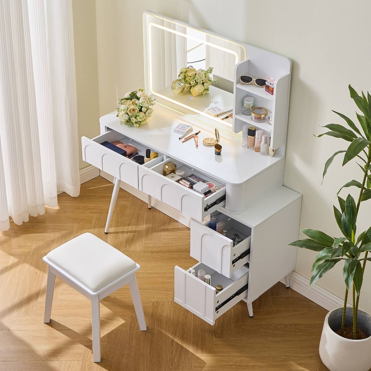 Front. Loheer - Loheer Makeup Vanity Desk with LED Mirror, White Vanity Table with Stool, Adjustable Length Design - White.