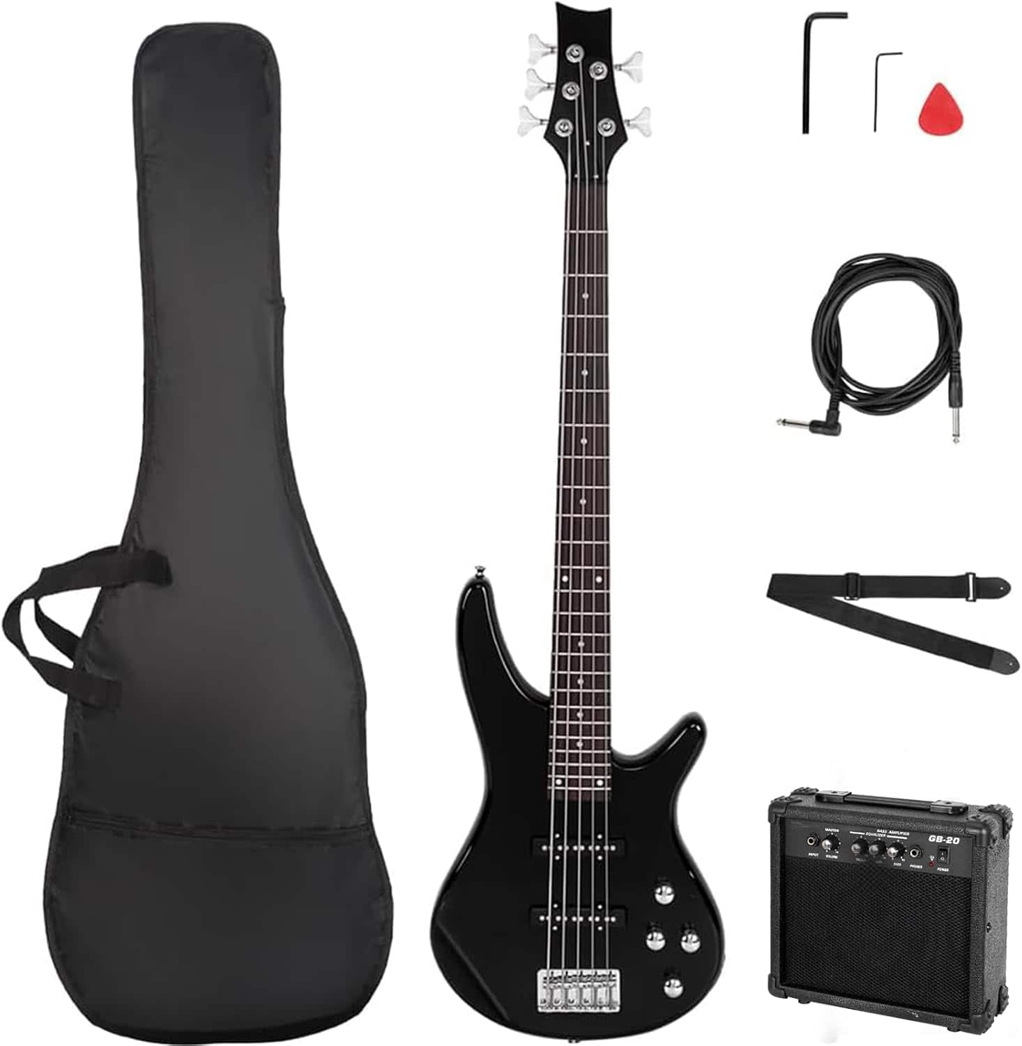Winado - Electric Bass Guitar 5 String Bass Guitar Kit-Classic Black Full Equipment with 20 Watt Amplifier