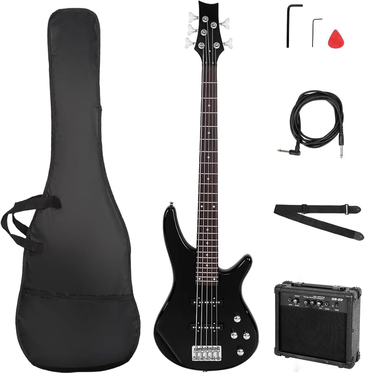 Front. Winado - Electric Bass Guitar 5 String Bass Guitar Kit-Classic Black Full Equipment with 20 Watt Amplifier.