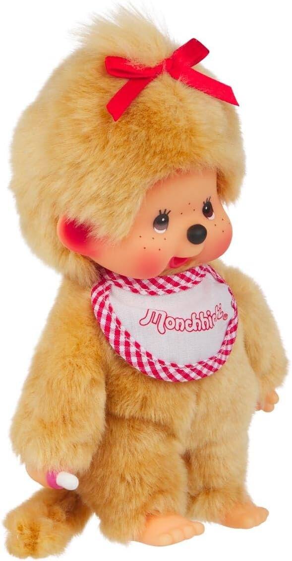 Alt View 4. Monchhichi - Monchhichi: Beige Girl Plush Toy - Red Bib.