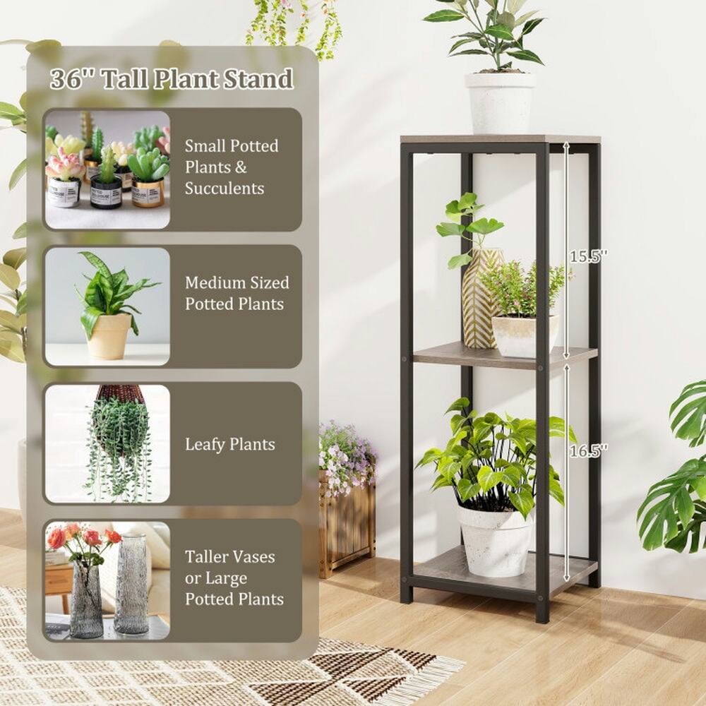 36" Tall Plant Stand

- Small Potted Plants & Succulents
- Medium Sized Potted Plants
- Leafy Plants
- Taller Vases or Large Potted Plants

15.5" (height of the second shelf)
16.5" (height of the third shelf)