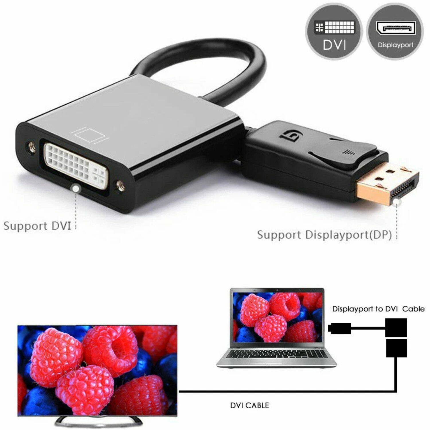 - DVI Displayport Support
- DVI Support
- Displayport (DP)
- Displayport to DVI Cable
- DVI CABLE

Support DVI
Support Displayport (DP)

Displayport to DVI Cable