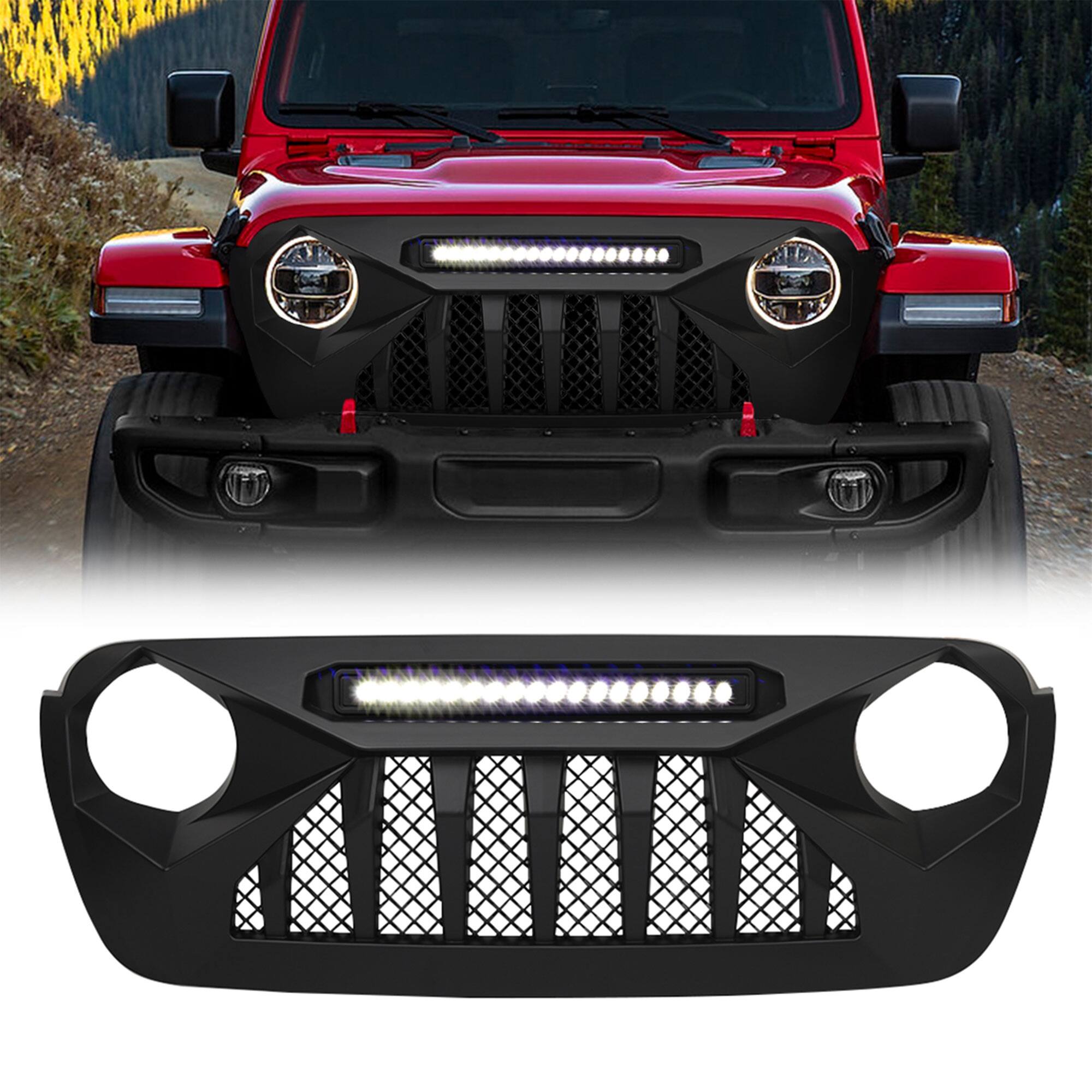 Front. AMERICAN MODIFIED - AMERICAN MODIFIED Demon Grille Compatible with 18-21 Wrangler JL & Gladiator JT - Matte Black.