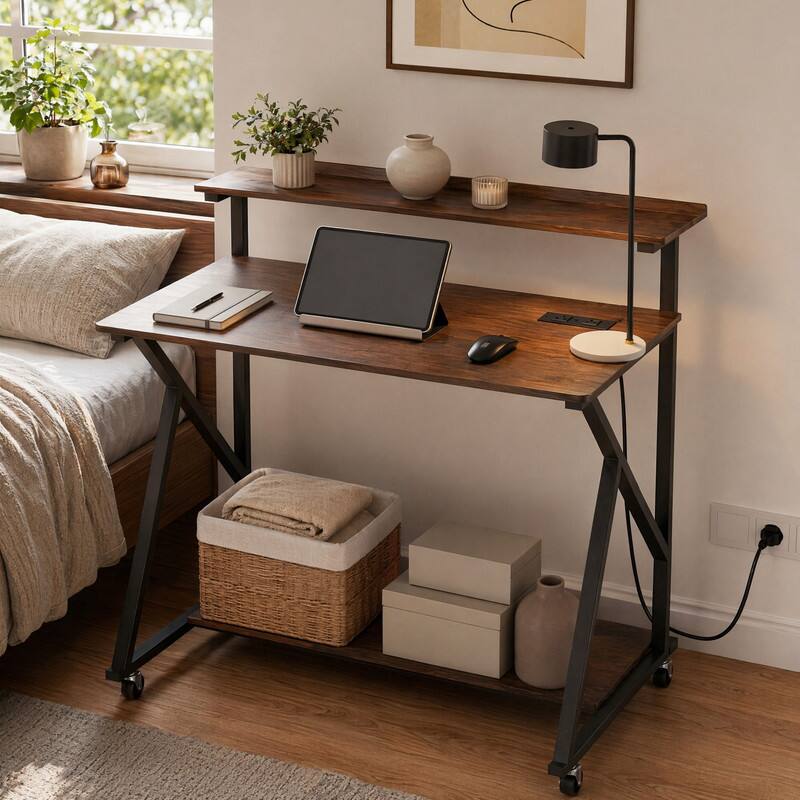 Angle. WELLFOR - 39.5" Mobile Computer Desk with Charging Station and Monitor Shelf, Rolling Home Office Desk for Small Spaces - Rustic Brown.