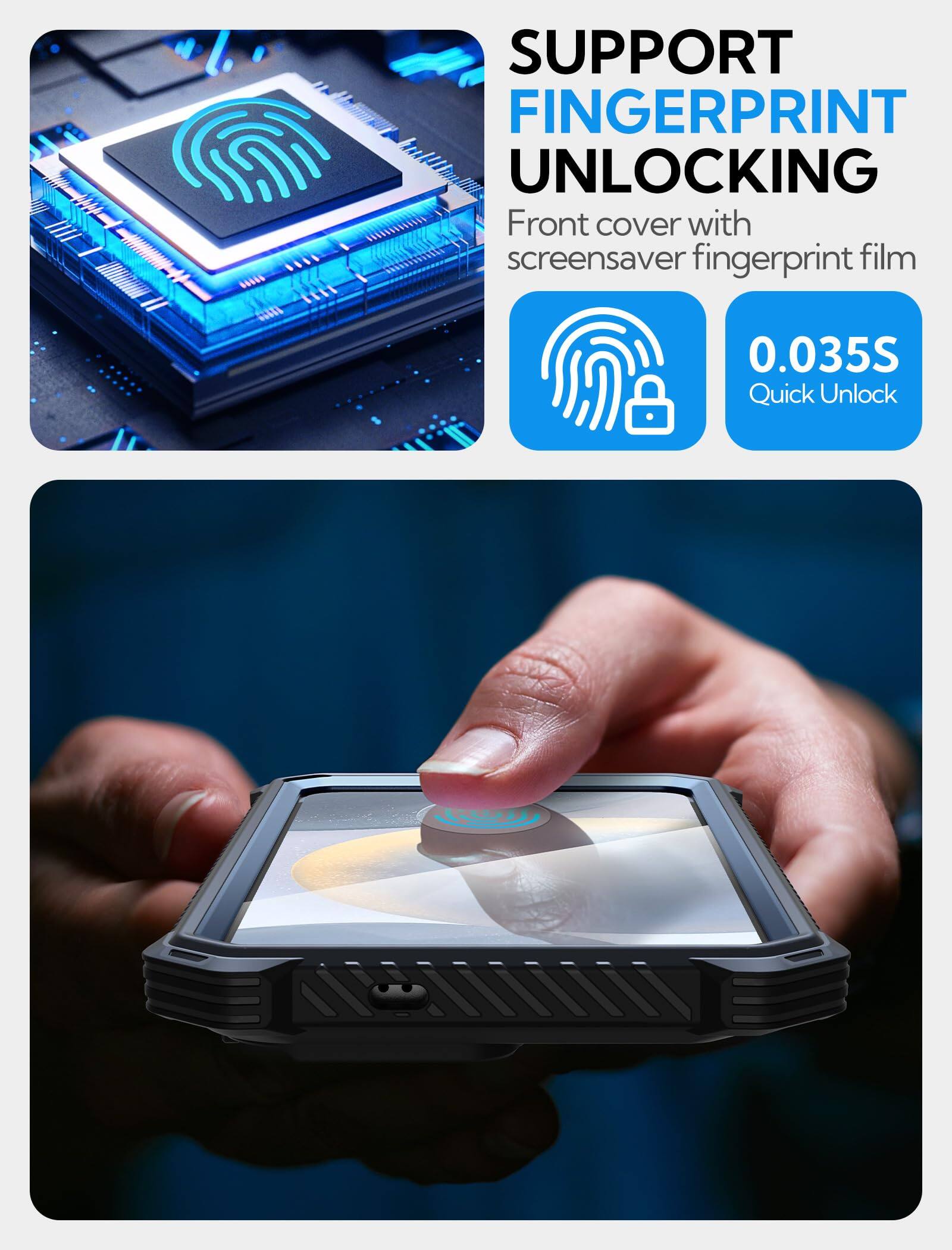 SUPPORT FINGERPRINT UNLOCKING  
Front cover with screensaver fingerprint film  

0.035S Quick Unlock