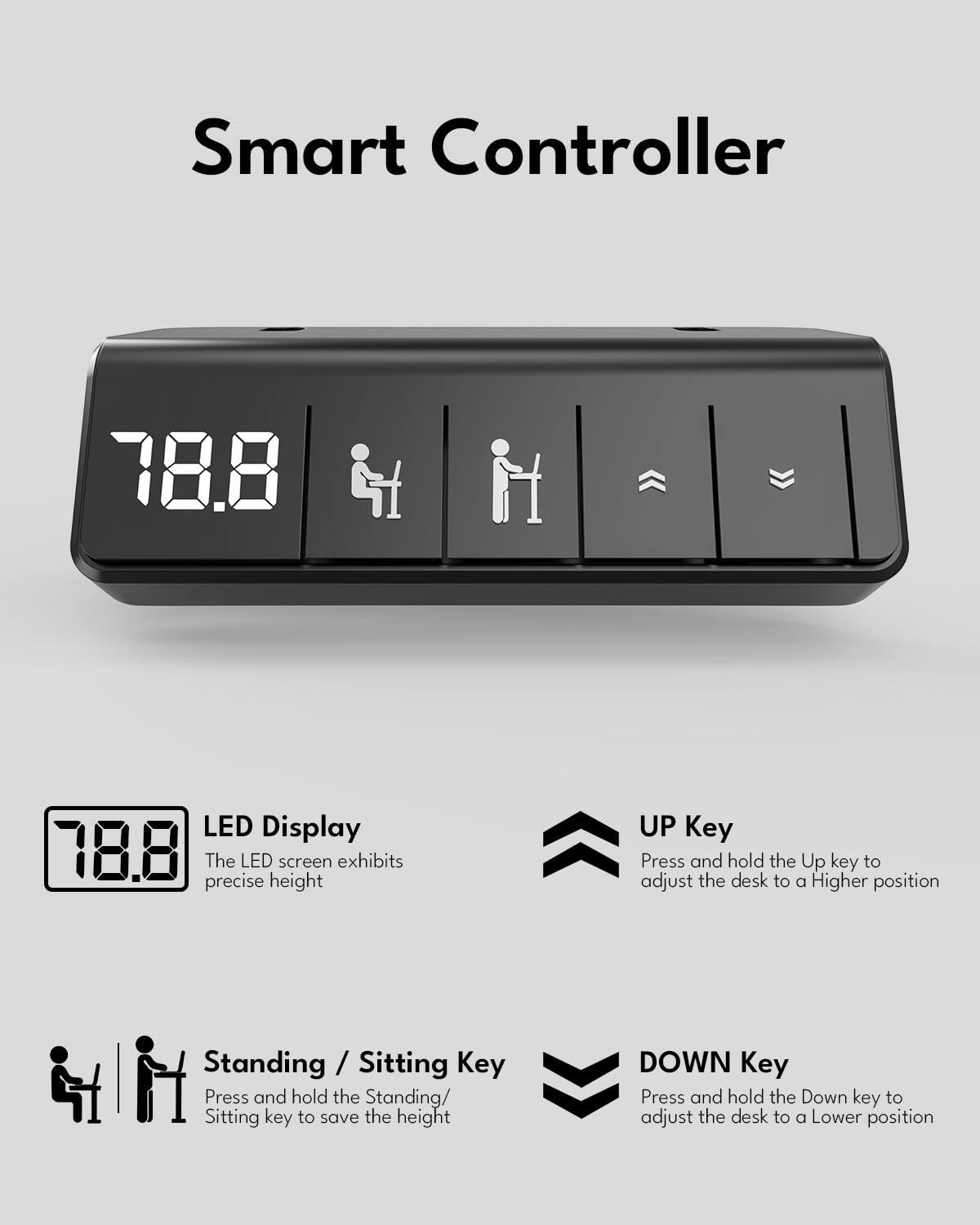 Smart Controller

LED Display  
The LED screen exhibits precise height

UP Key  
Press and hold the Up key to adjust the desk to a Higher position

Standing / Sitting Key  
Press and hold the Standing/ Sitting key to save the height

DOWN Key  
Press and hold the Down key to adjust the desk to a Lower position