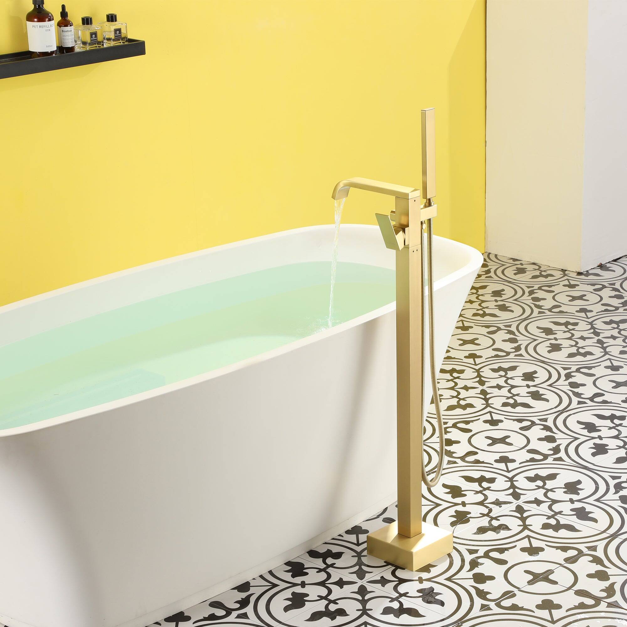 Alt View 5. Boyel Living - Freestanding Floor Mount Single Handle Bath Tub Filler Faucet with Handheld Shower in Brushed Gold - Brushed Gold.