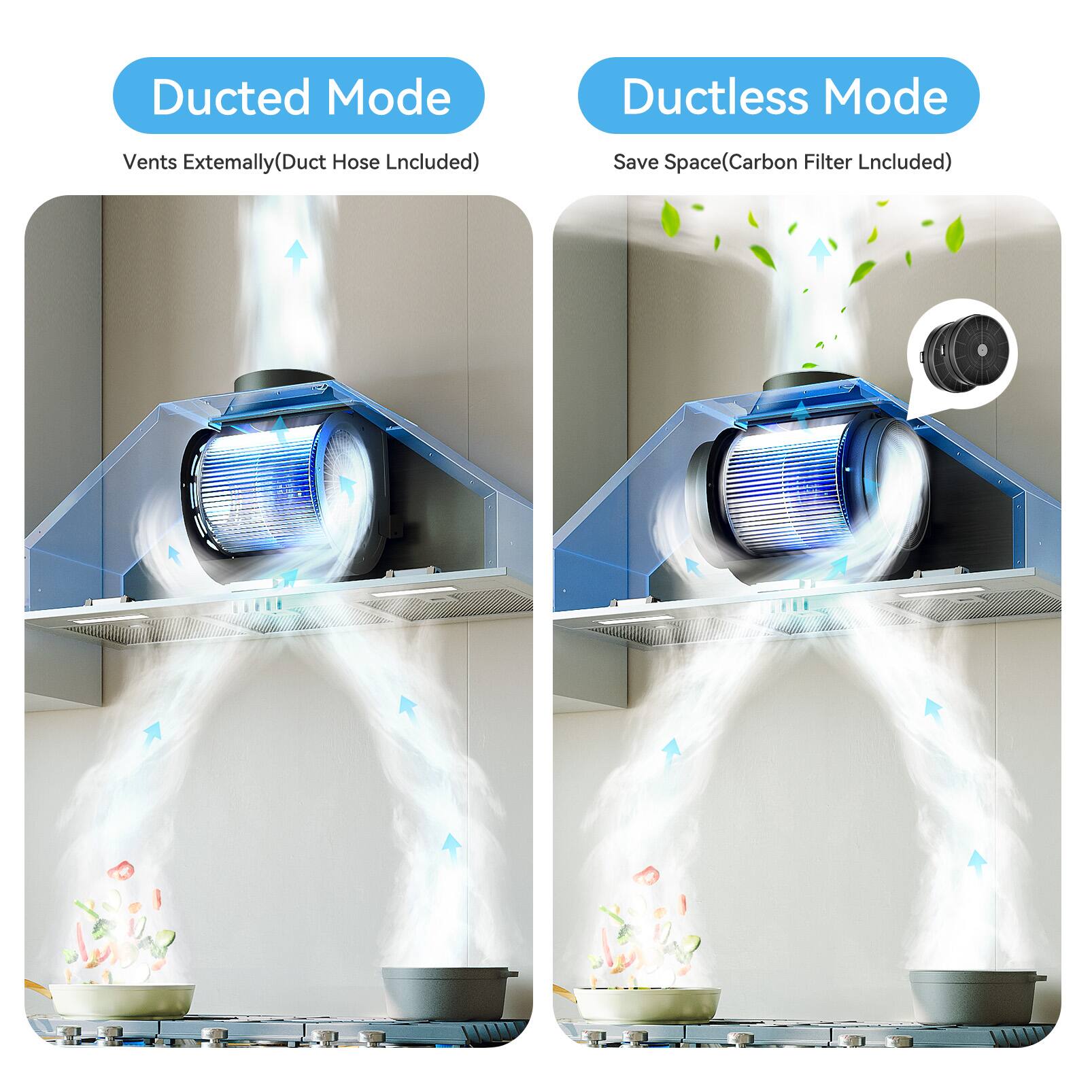 Ducted Mode Vents Extemally(Duct Hose Lncluded)
Ductless Mode Save Space(Carbon Filter Lncluded)