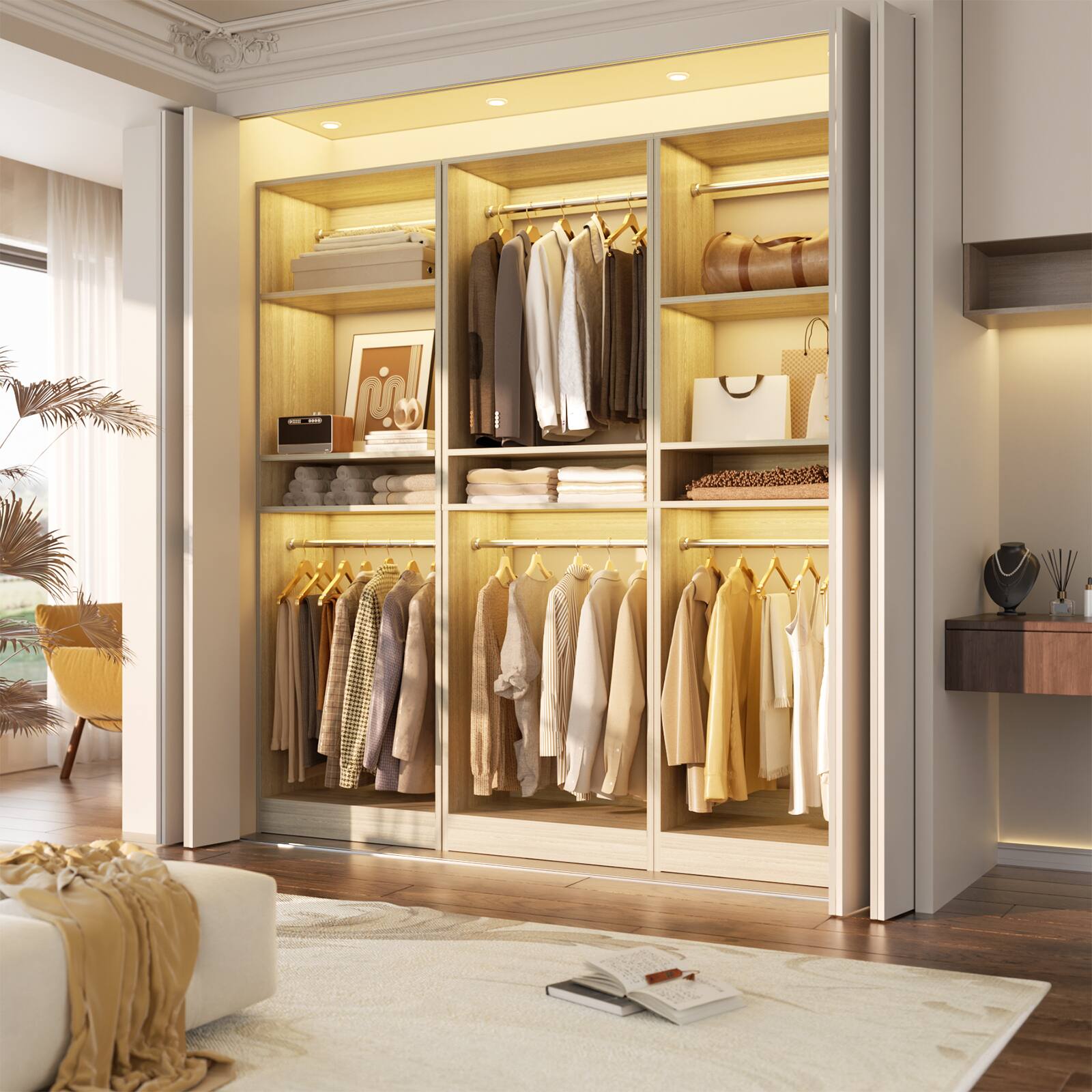 Left. Aheaplus - 25'' Closet System with 2 Hanging Rods, Freestanding Closet Organizer System with Adjustable Shelves - Beige Oak.
