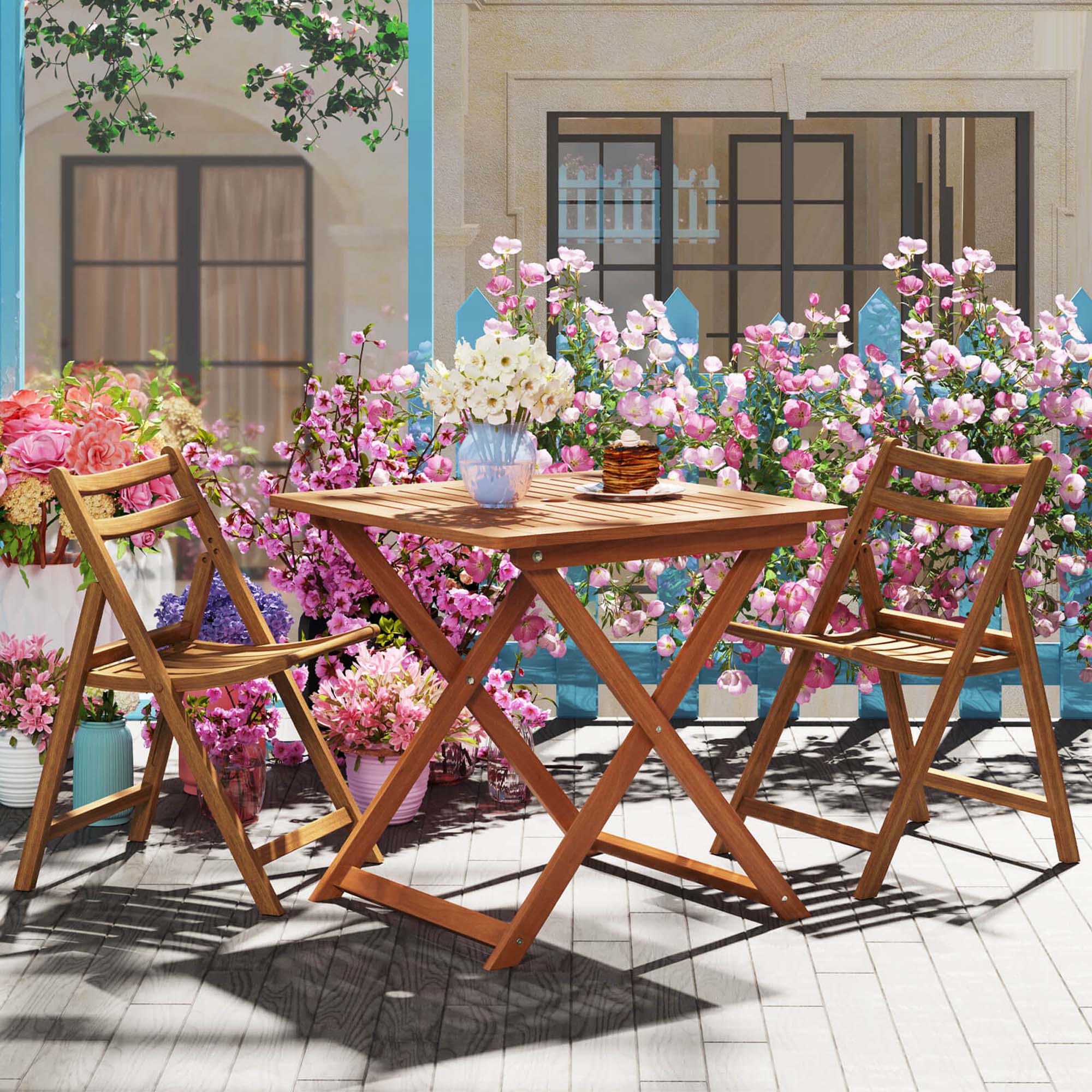 Alt View 1. Costway - Costway 2 PCS 29.5" x 29.5" Patio Dining Table with Teak Painting 2" Umbrella Hole - Natural.