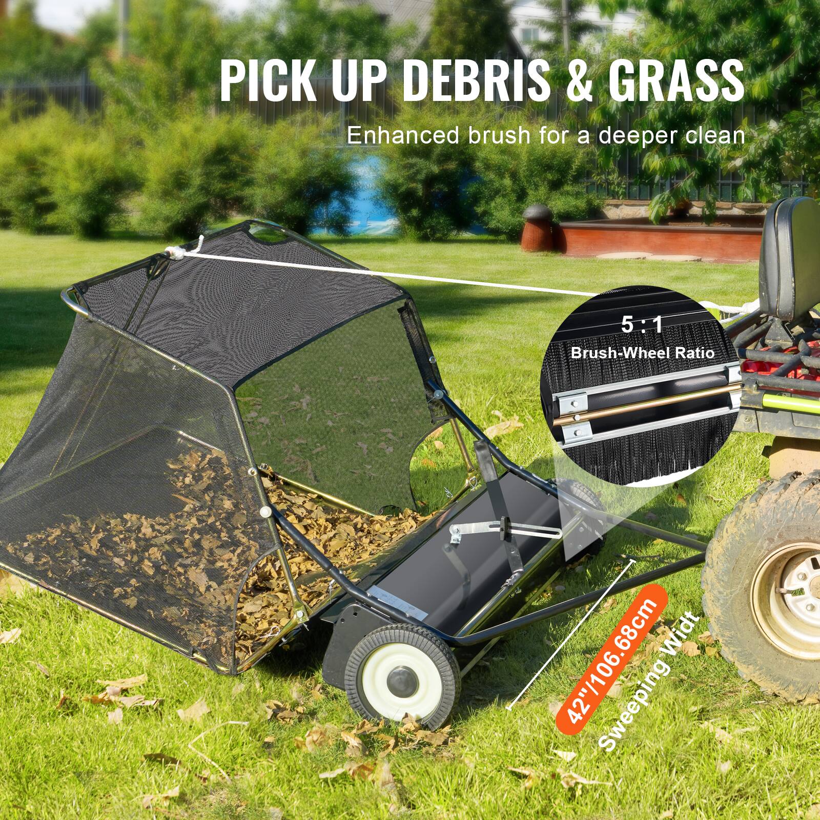 PICK UP DEBRIS & GRASS, Enhanced brush for a deeper clean, 5:1 Brush-Wheel Ratio, 42"/106.68cm Sweeping Width