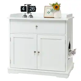 Gymax - Wooden Cat Litter Box Enclosure w/ Drawer Side Table Furniture - White