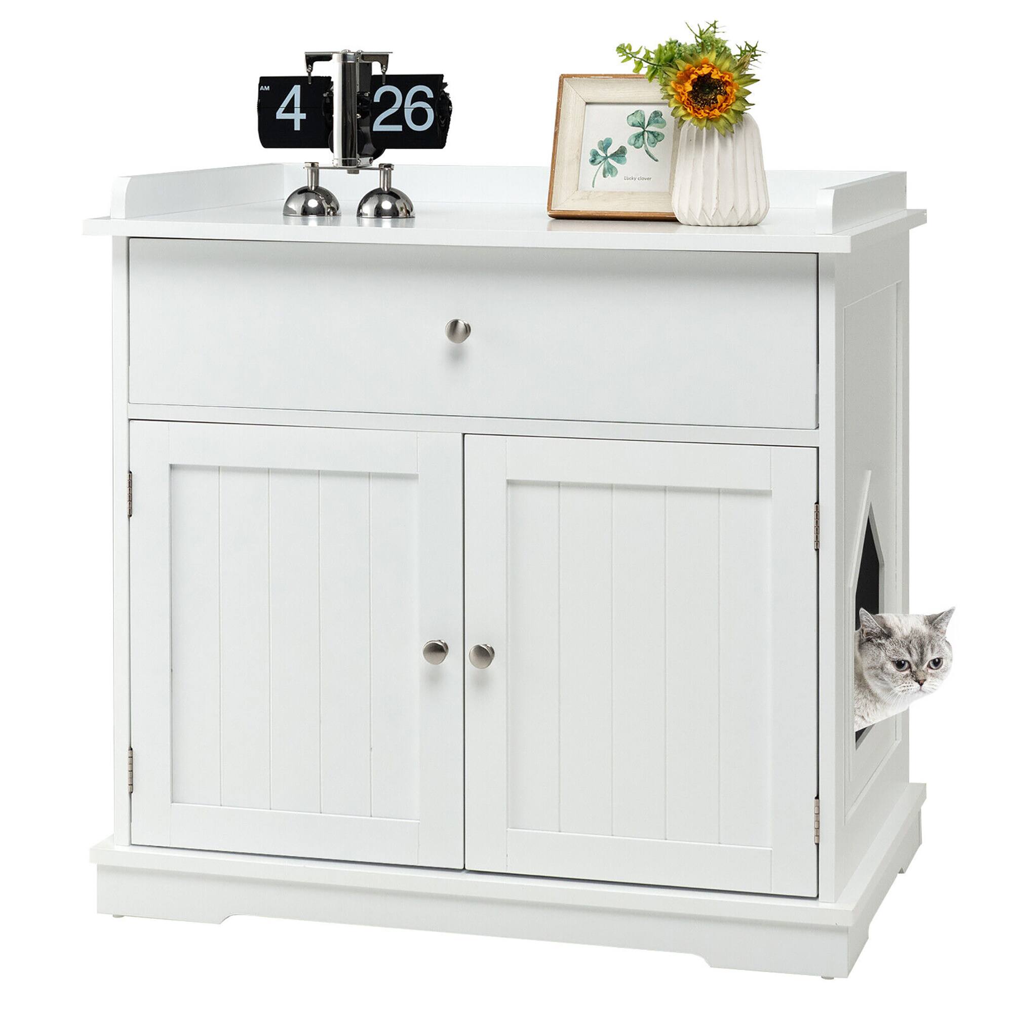Front. Gymax - Gymax Wooden Cat Litter Box Enclosure w/ Drawer Side Table Furniture White - White.