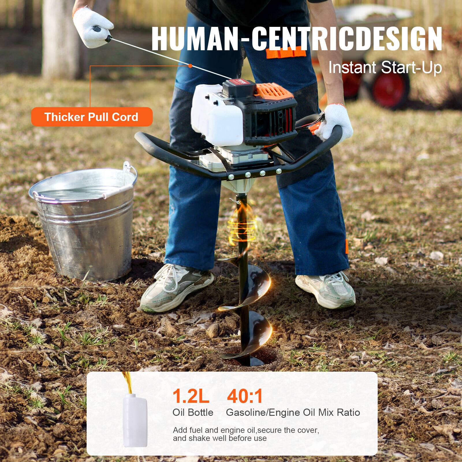 HUMAN-CENTRIC DESIGN  
Instant Start-Up  

Thicker Pull Cord  

1.2L  
40:1  
Gasoline/Engine Oil Mix Ratio  

Add fuel and engine oil, secure the cover, and shake well before use