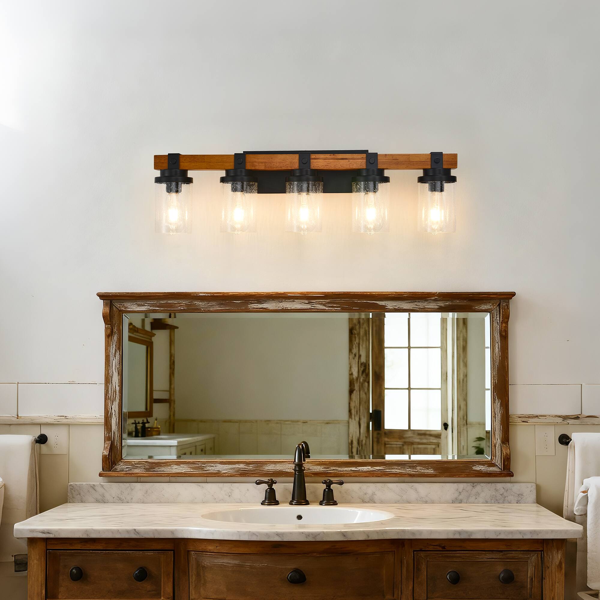 Alt View 1. TinyHomie - 5 Light Matte Black Wood Wall Lamps with Glass Lamp Shades No Bulbs For Bathroom Kitchen Dinning Room.