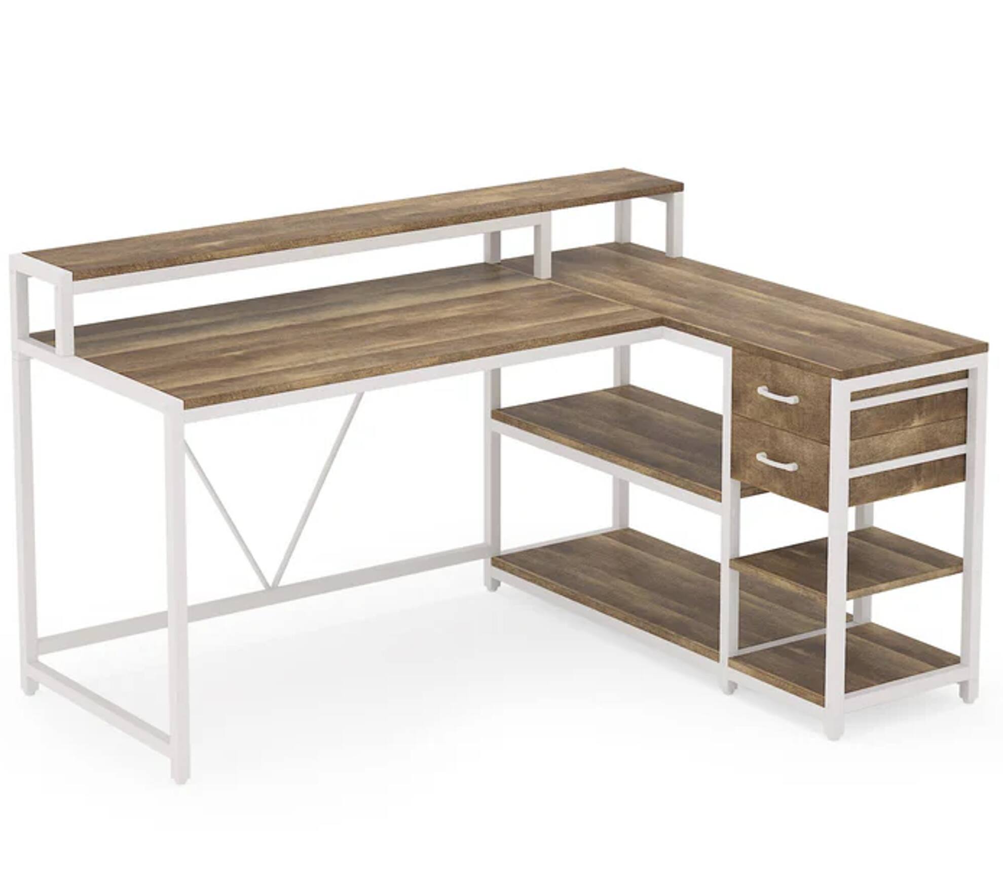 Angle. Forest'nSky - L-Shaped Computer Writing Desk for Home Office with Spacious Work Surface,Oak - Oak.