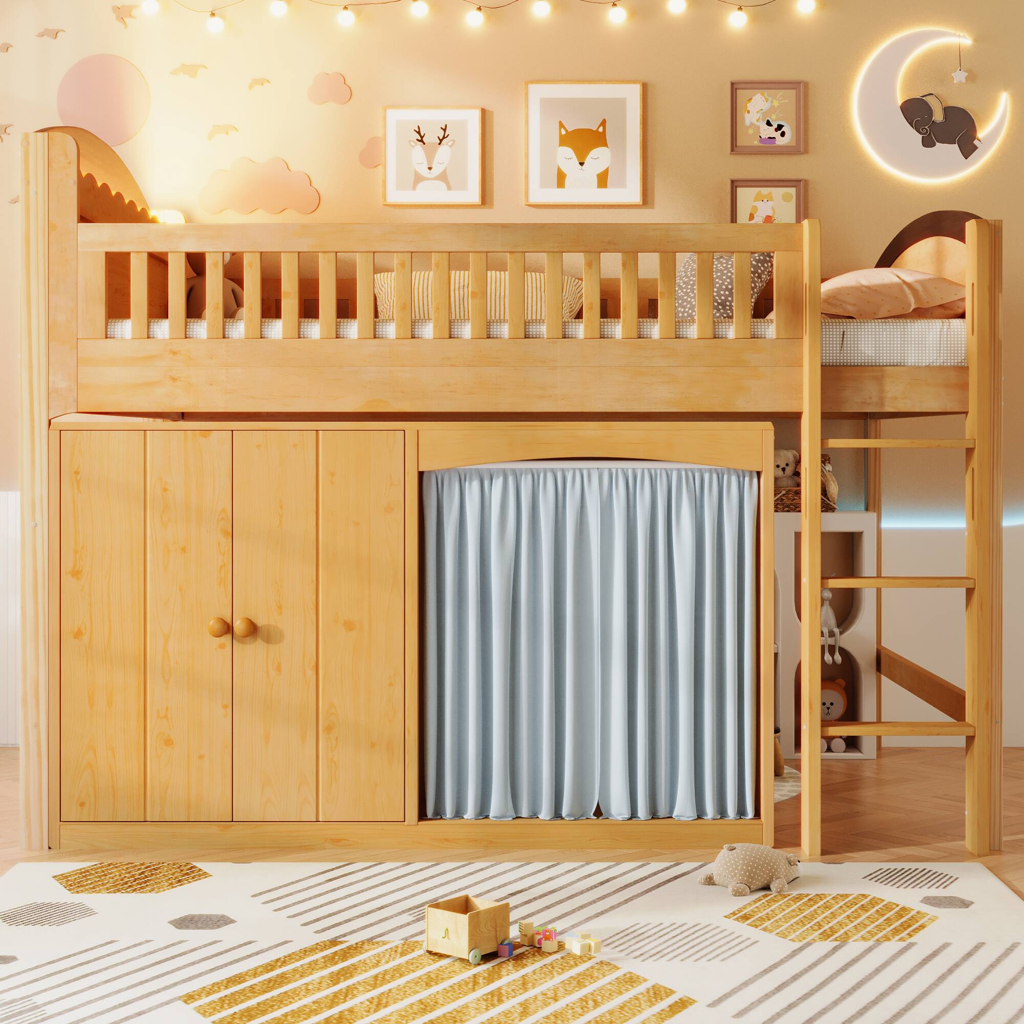 Angle. Whisen - Twin Size Loft Bed with Storage Cabinet, Wardrobe and LED Lights, Wooden Kids Bed Frame for Bedroom - Espresso.