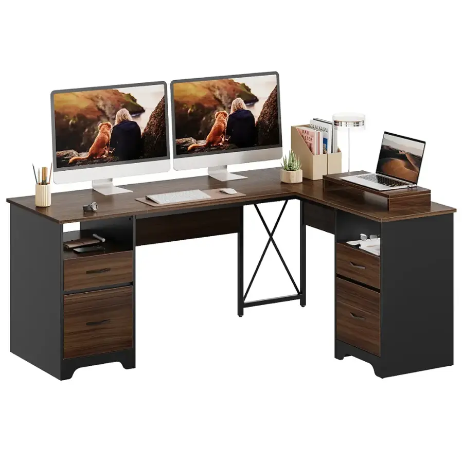 The image shows a wooden desk with a laptop, two computer monitors, and a keyboard. The laptop is positioned on the right side of the desk, while the two monitors are placed on the left side. The keyboard is located in front of the monitors, and there is a cup placed nearby. Additionally, there is a potted plant on the desk, adding a touch of greenery to the workspace. The desk appears to be well-organized and functional for work or study.