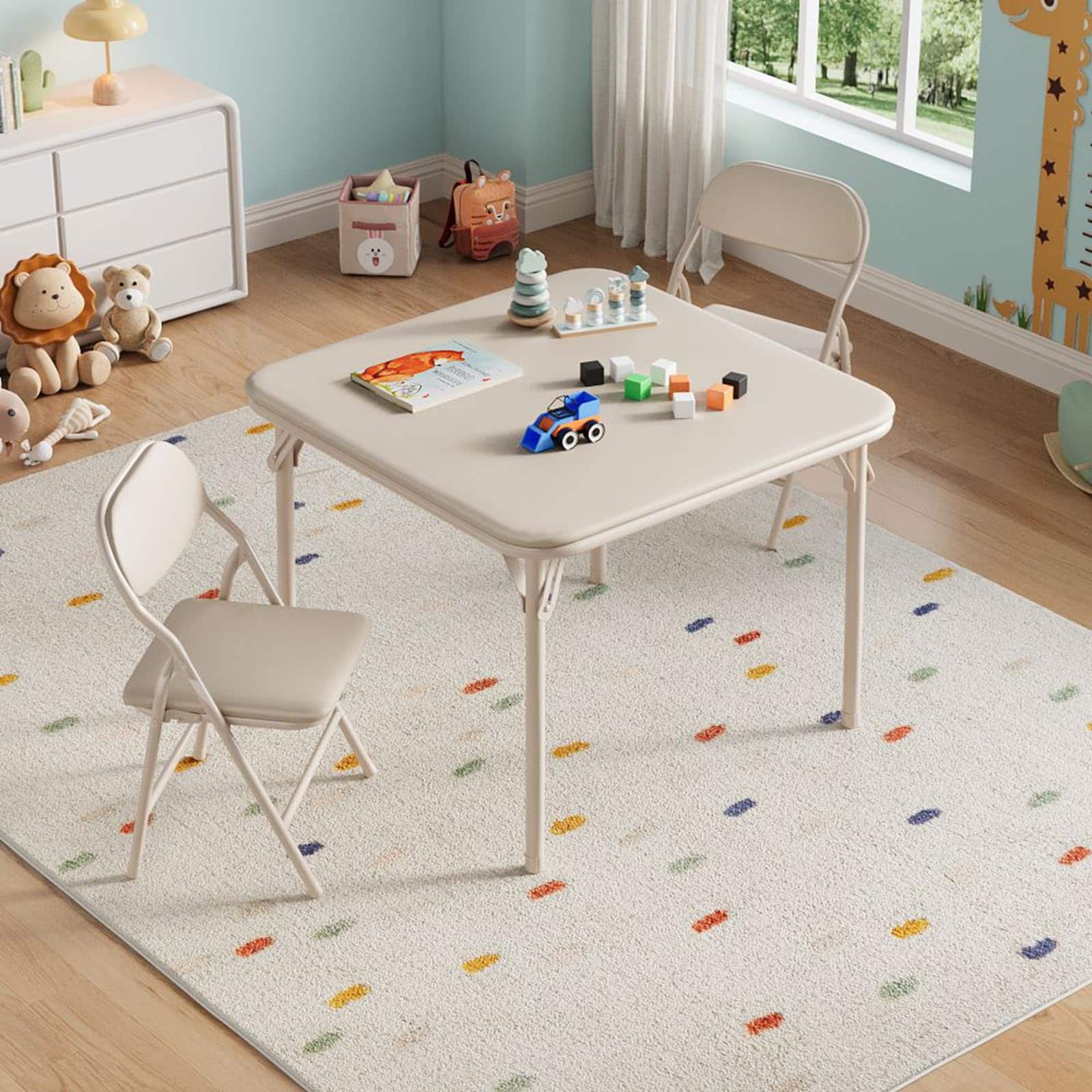 Homhougo - 3 Piece Boys Girls Folding Table and Chairs Set, Activity Table and Chairs Set - Beige