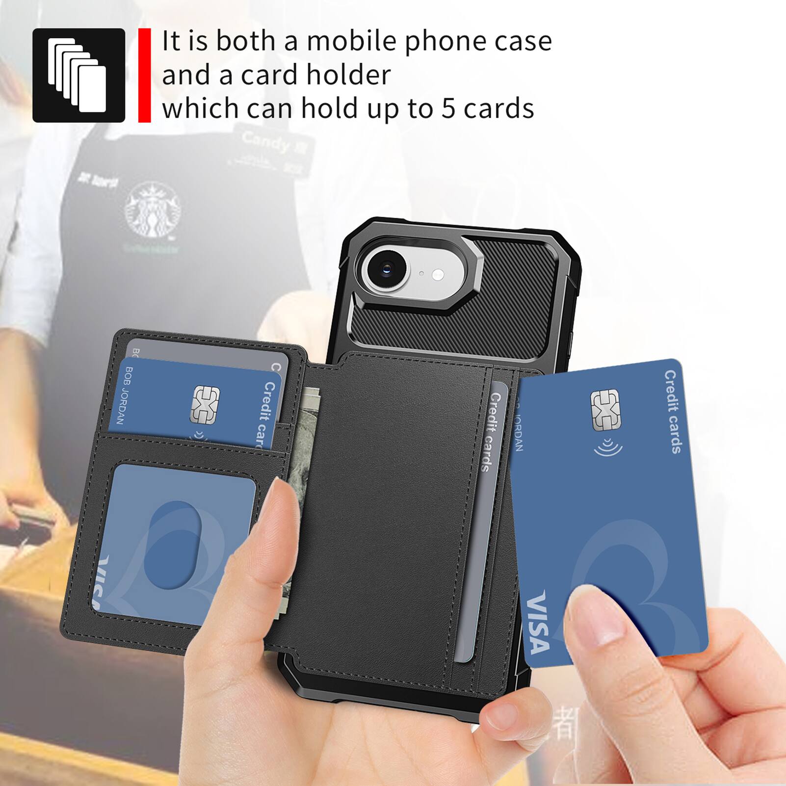 It is both a mobile phone case and a card holder which can hold up to 5 cards.