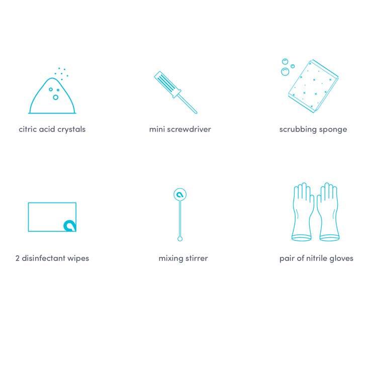 citric acid crystals, mini screwdriver, scrubbing sponge, 2 disinfectant wipes, mixing stirrer, pair of nitrile gloves